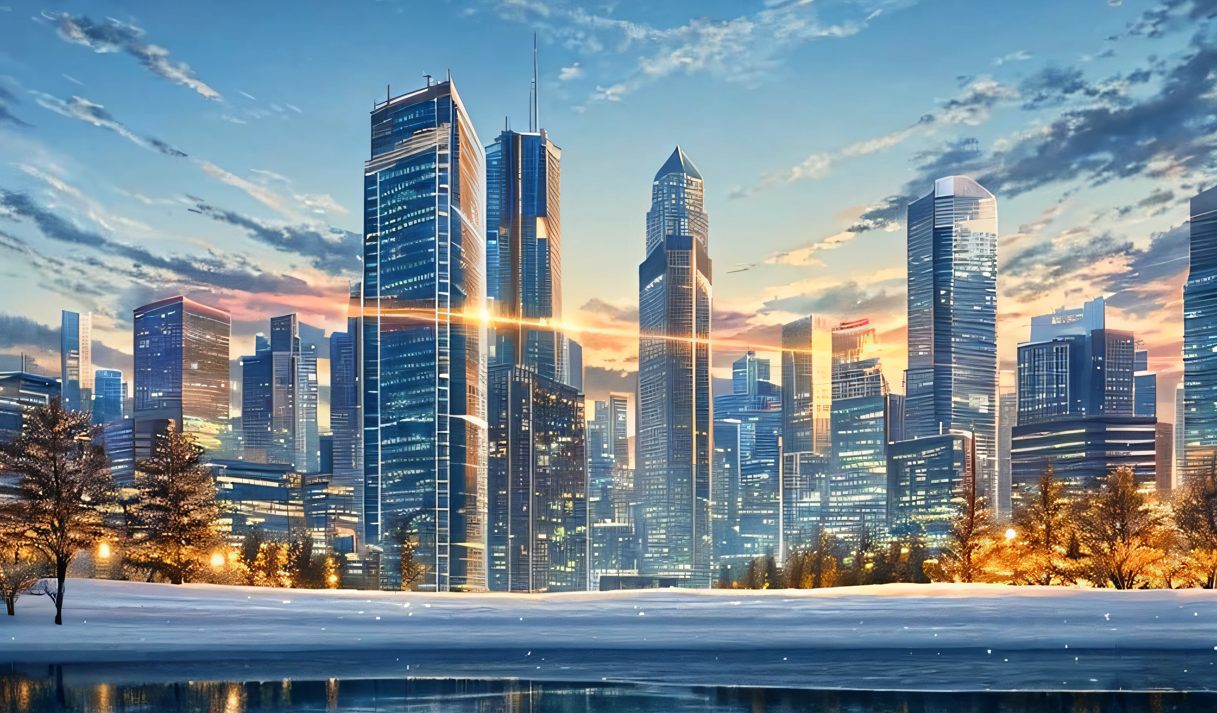 beautiful anime scenery,author:Shinkai sincerely, Garden , Skyscrapers , floating Snow , Winter , Wind , Cloud , sky , evening , Sun , Breeze