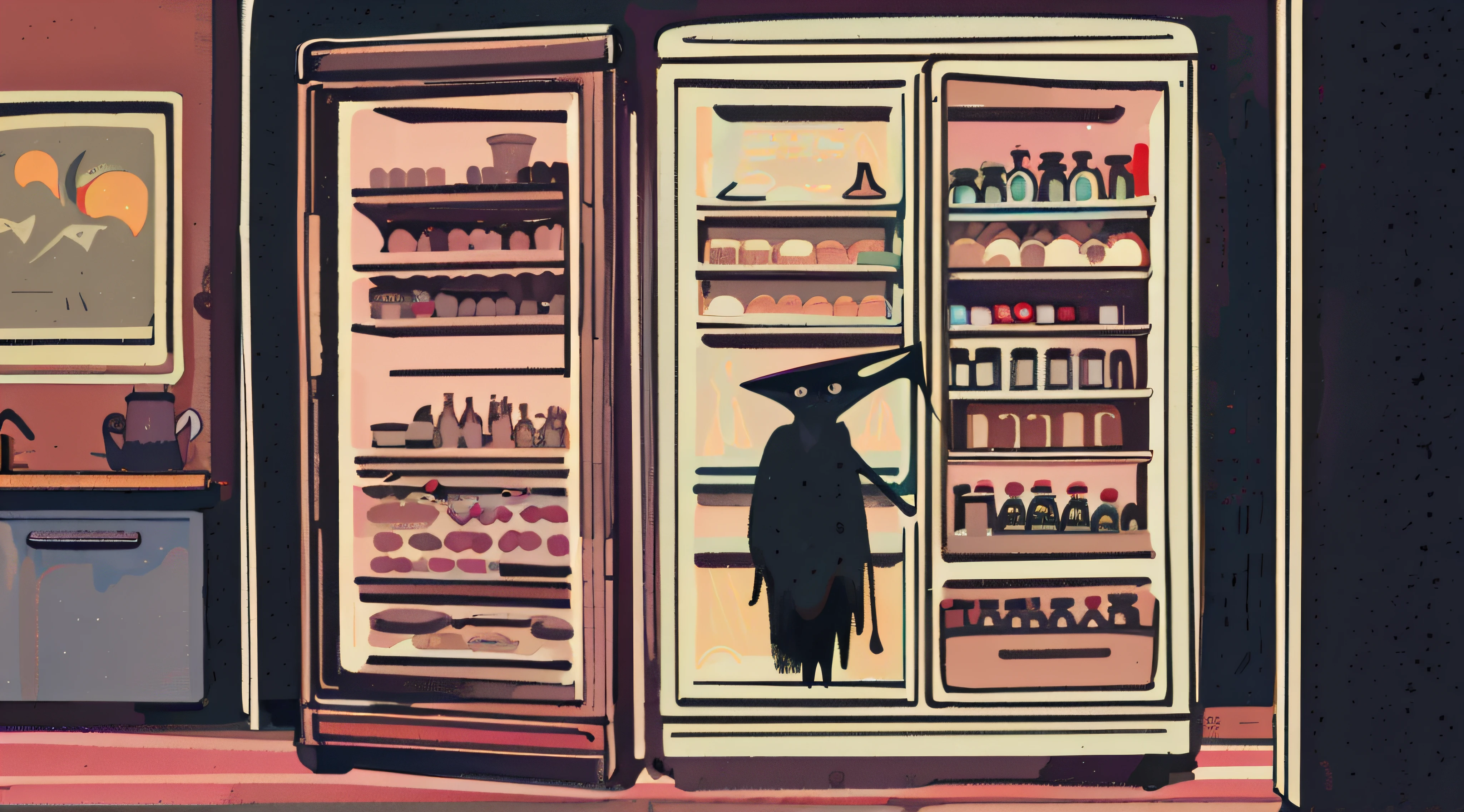 There is a cartoon image of a person in front of a refrigerator, geladeira, geladeira, inspirado em John Brack, dark kitchen de um estudante de arte, inspirado em Alfred Kubin, commercial illustration, nightmare fuel, inspirado em Kay Nielsen, illustration!, nightmarish illustration, food and consumerism, nightmare fuel!!!, inspirado em Tomi Ungerer