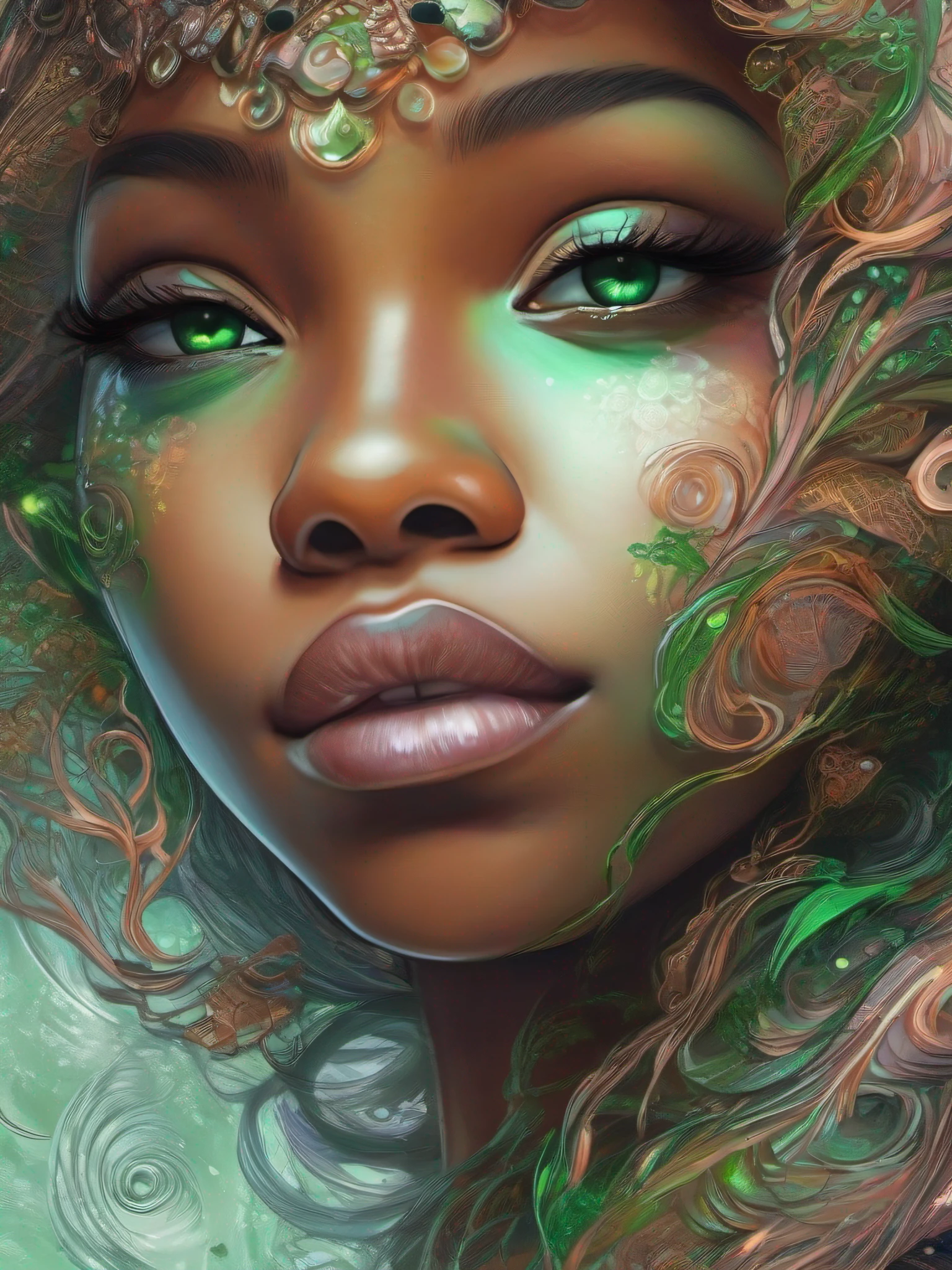 breathtaking art by Tyko Sallinen strybk style, children's storybook style, muted, colors, ultra highly detailed watercolor style, detailed a black woman with green eyes Swirling shimmer, digital painting, highly detailed, filigree, intricate, Miki Asai Macro photography, close-up, hyper detailed, trends in cgsociety by Alberto Seveso, Hans Zatzka. award-winning, professional, highly detailed