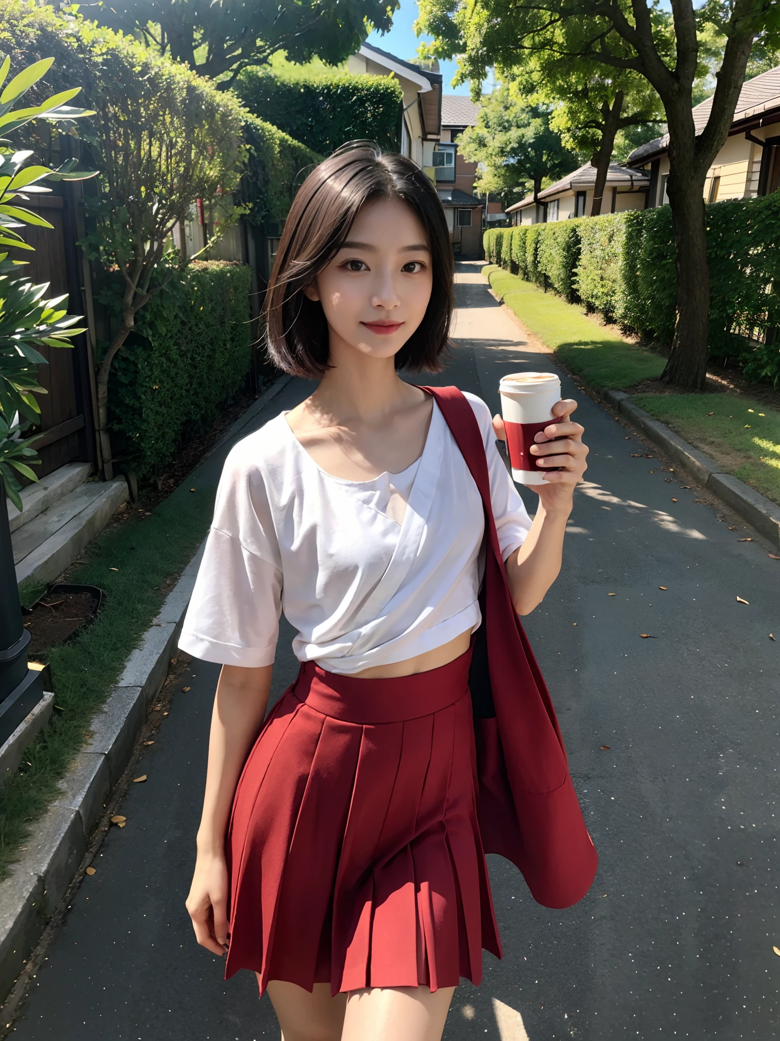 ((Small lower chest,Tomboyish,small heads)), (Well-defined abs: 1.1), (perfect bodies: 1.1), (short-length straighthair: 1.2), Black hair，Upper body, attractive collarbone，（极其细致的CG 8k壁纸），（Extremely refined and beautiful），（Masterpiece），（best qualtiy：1.0），（超高分辨率：1.0），beautiful light up，Perfect lightning，realistic shaded，[A high resolution]，Smooth and flawless fair skin，ultra - detailed ，Elongated legs，(Small breasts:1.1)，Flat chest，Slim，emaciated，Smile，cheerfulness，（white kendogi:1.1），（red kendo hakama：1.1），white short socks, geta，Summer，eventide，Crowded crowds，at the doorstep of a school，Outside the school fence，standing，outside，Tree-lined roadsides，A cup of coffee in hand，Close-up，Drink coffee with a straw