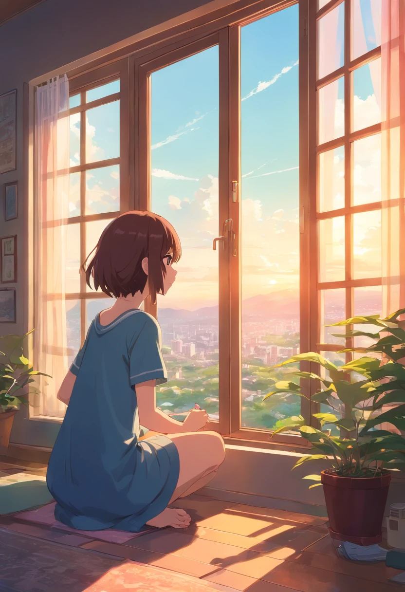 Create an illustration that represents a charming 2D anime scene: uma garota de 4 anos com cabelo rosa, Vista costeira, parada diante da janela de sua casa. Through the window, She observes an incredible landscape where several people display superpowers. Certifique-se de que a garota esteja voltada para janela, the window is high.