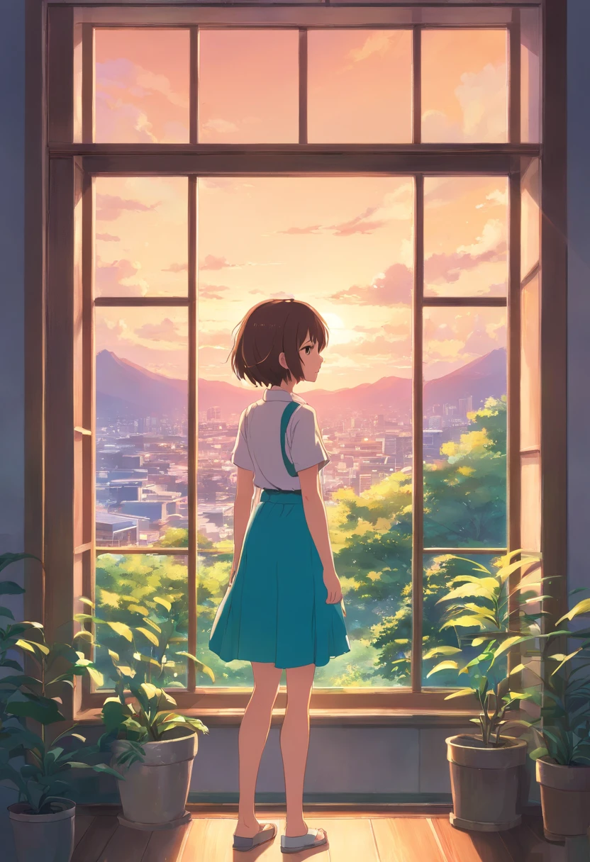 Create an illustration that represents a charming 2D anime scene: uma garota de 4 anos com cabelo rosa, Vista costeira, parada diante da janela de sua casa. Through the window, She observes an incredible landscape where several people display superpowers. Certifique-se de que a garota esteja voltada para janela, the window is high.