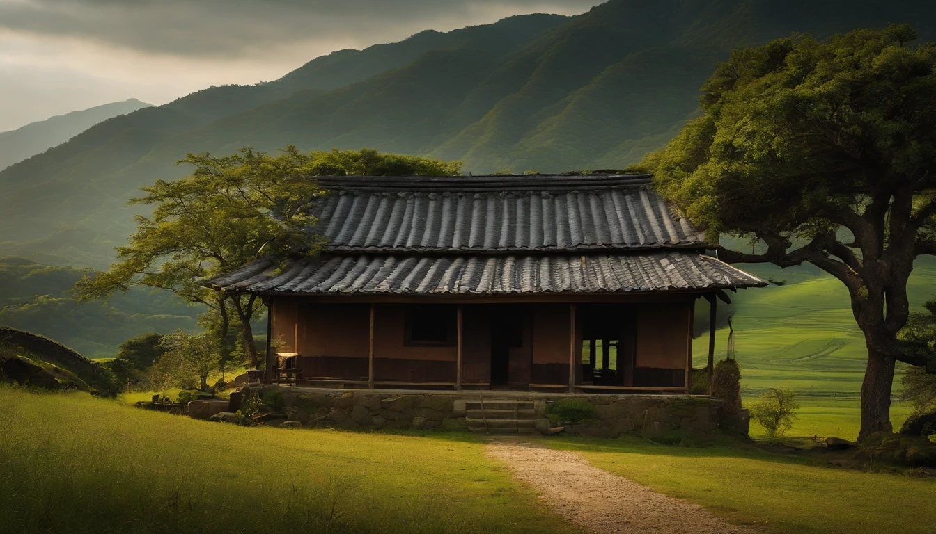 A small battered one-story farmhouse from a long time ago　Momotaro's House　Near the entrance　Small field　Oak tree near the house　Mountains behind in the distance　天空　poor　countryside　poor