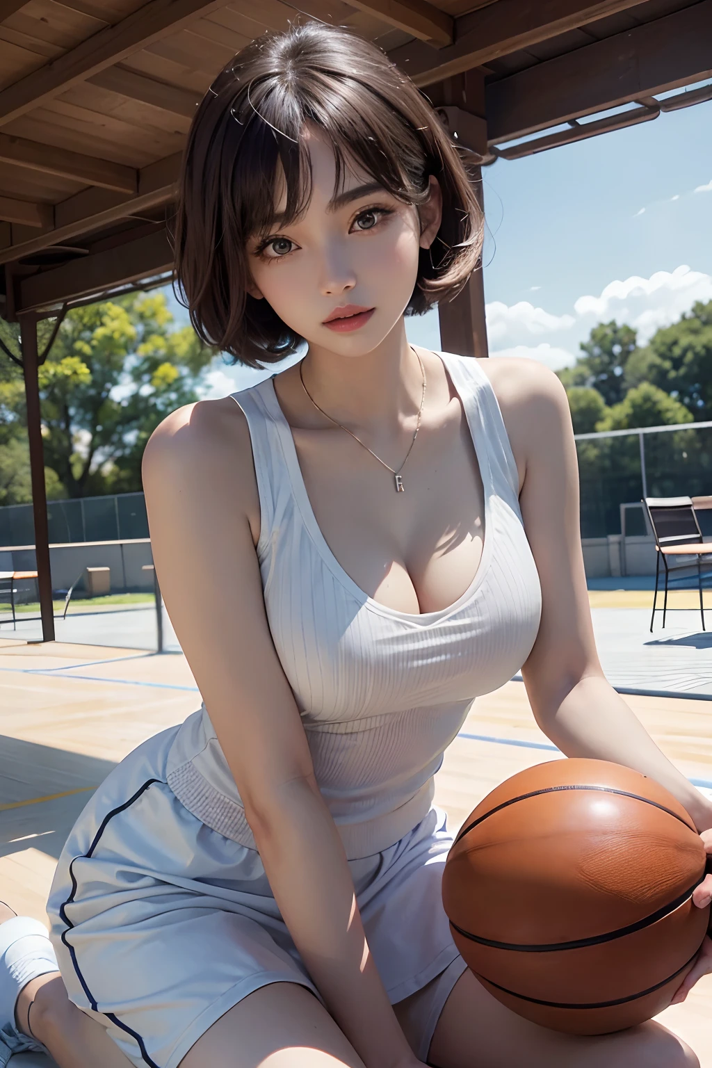 (RAW photos,4K,tmasterpiece,A high resolution,extremly intricate)(realisticlying:1.4),Cinematic lighting Delicate girl with facial features
1 Girl, Single focus, Full body like,Summer noon, Playing the Basketball,thermography, 1990's\(styled\),White skin,(Bigchest,cleavage), (Best quality), (A high resolution), (An extremely delicate and beautiful),,(Beautiful 8k face),(Brown eyes),(Ulzzang-6500:1.0),(Large breasts),(NBA),(Basketball sportswear),((Play basketball)),((gymnasium)),((Speed)),(reality),(jiayi:1.5), closeup cleavage, tmasterpiece, best qualtiy, RAW photogr, realisticlying, the face, Incredibly Ridiculous res, beuaty girl, adolable, short detailed hair, depth of fields, A high resolution, ultra - detailed, finedetail, The is very detailed, Extremely detailed eyes and face, Sharp pupils, realistic pupil, tack sharp focus, cinmatic lighting
