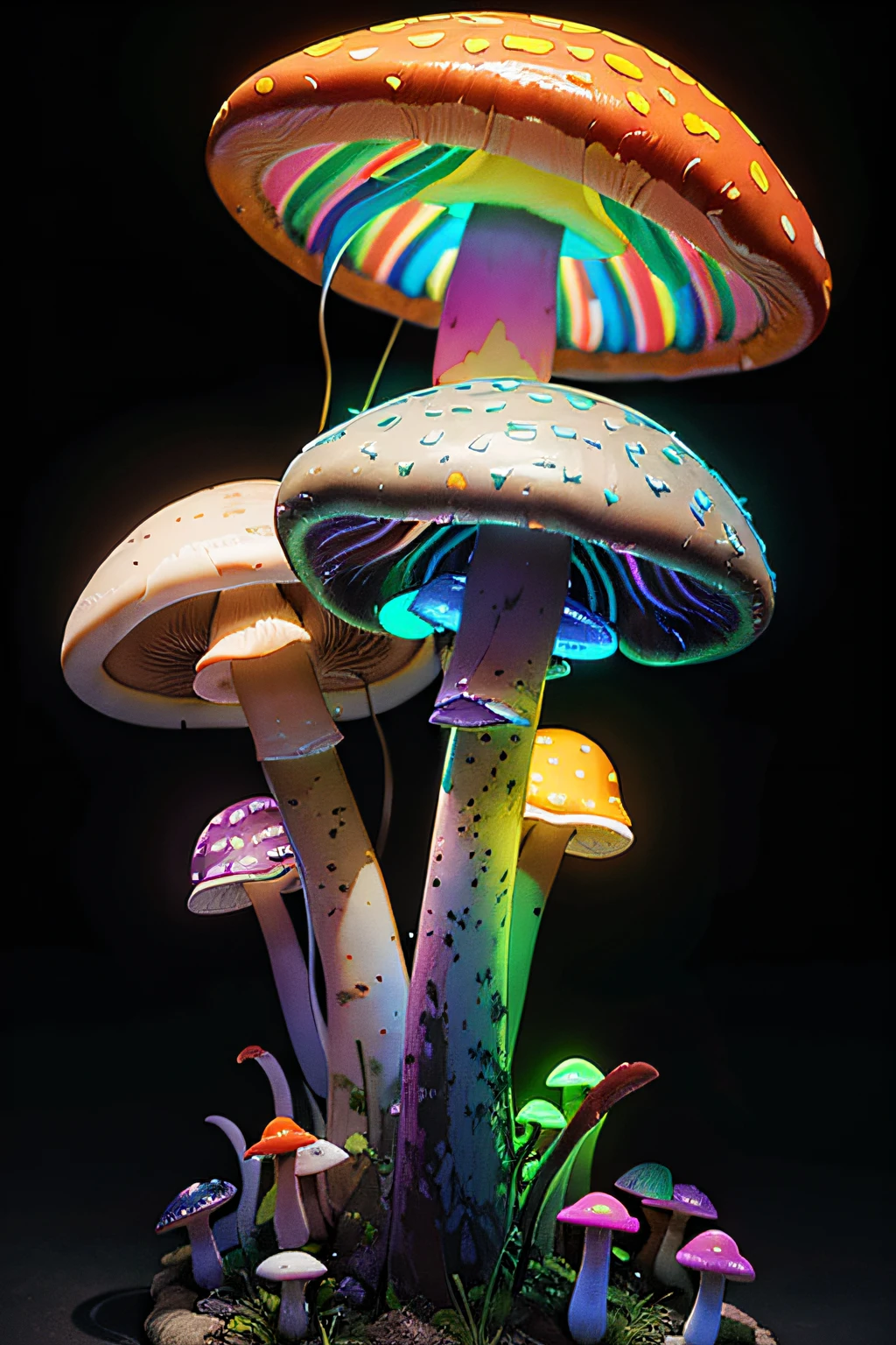 (masterpiece、top-quality、top-quality、Beautifully Aesthetic:1.2)、(((Fantastic and colorful rainbow glowing neon mushrooms)))、ighly detailed、colourfull、highestdetailed