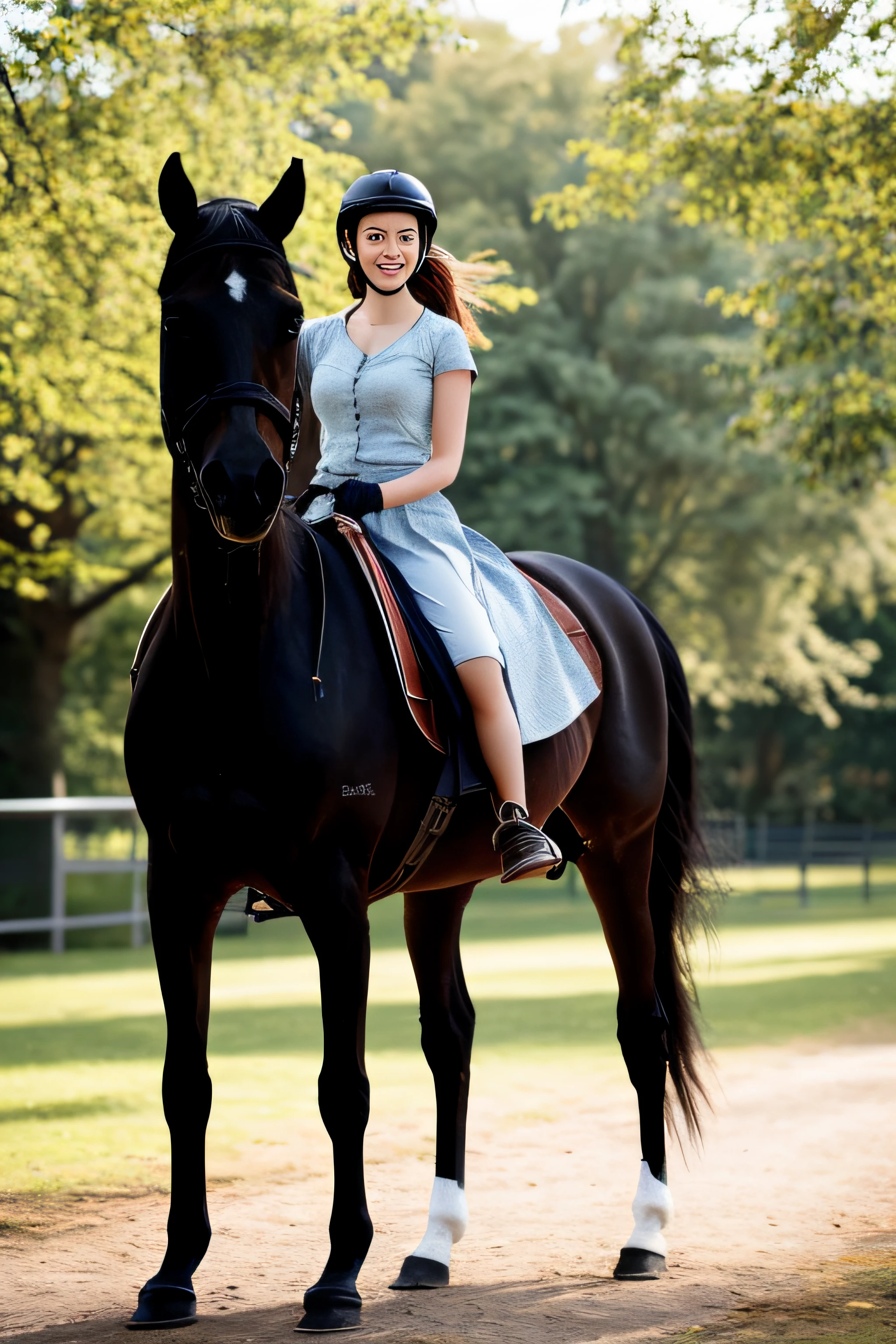 black horse riding,1girl, moyou,18 yo,full body,(Pure white background:0.8), professional photograph,park,sunny day,