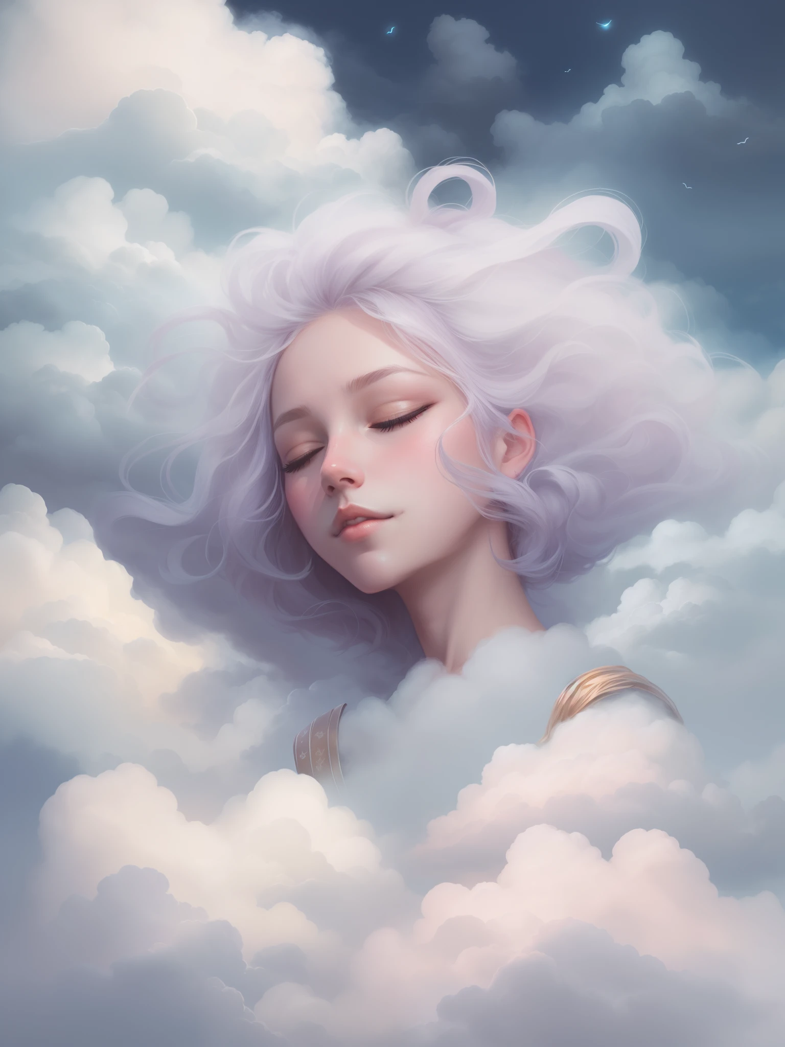 A beautiful artwork illustration, Beautiful girl sleeping in clouds，With his eyes closed，In a dream，Girl in the clouds in the sky，sitted，Beautiful facial features，Fluffy clouds，Guviz-style artwork, White cloud hair, Beautiful digital illustration, fantasy art portrait, Clouds. fantasy, guweiz masterpiece, Cloud hair