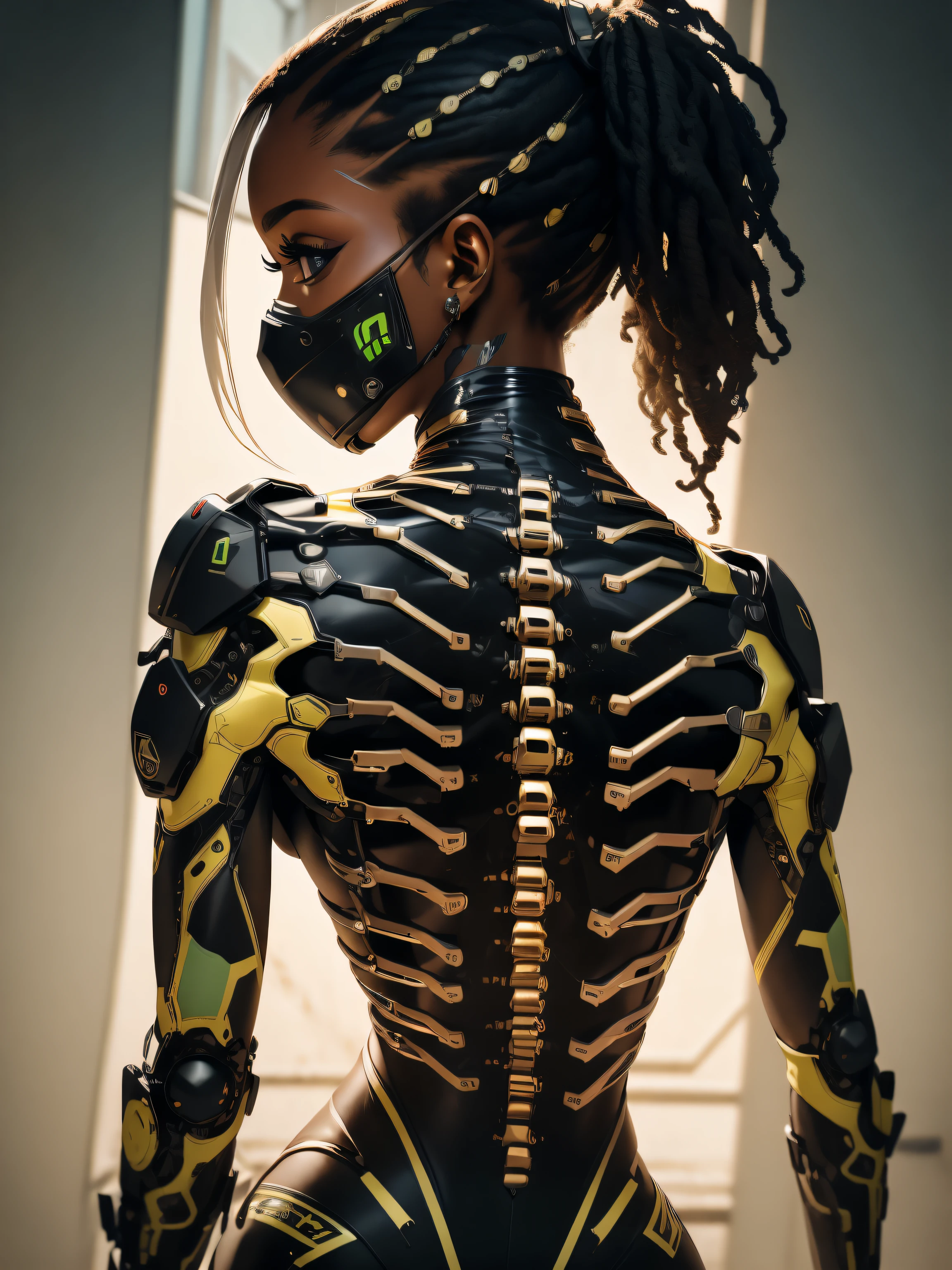(obra-prima, melhor qualidade), 1girl, cabelo brilhante na altura dos ombros, seios tamanho AA, demonstrating absence of gag reflex, tanga de renda verde claro com design de tiras nas costas., portanto, africano, Wakandan Lora:ciborgue_Estilo_XL-alfa:1.0> ciborgue, cabelo neon, olhos detalhados, android, Mente_cortar, oficial, handsome and aesthetic, brain modification, Colouring, detalhado, real, Brutalista, real, lateralmente, dystopian tone, (1 mechanical girl), sozinho, machine-made joints, machanical limbs, blood vessels attached to tubes, (mechanical vertebra fixed to the back), Fundo_complexo, olhos_Dynamic