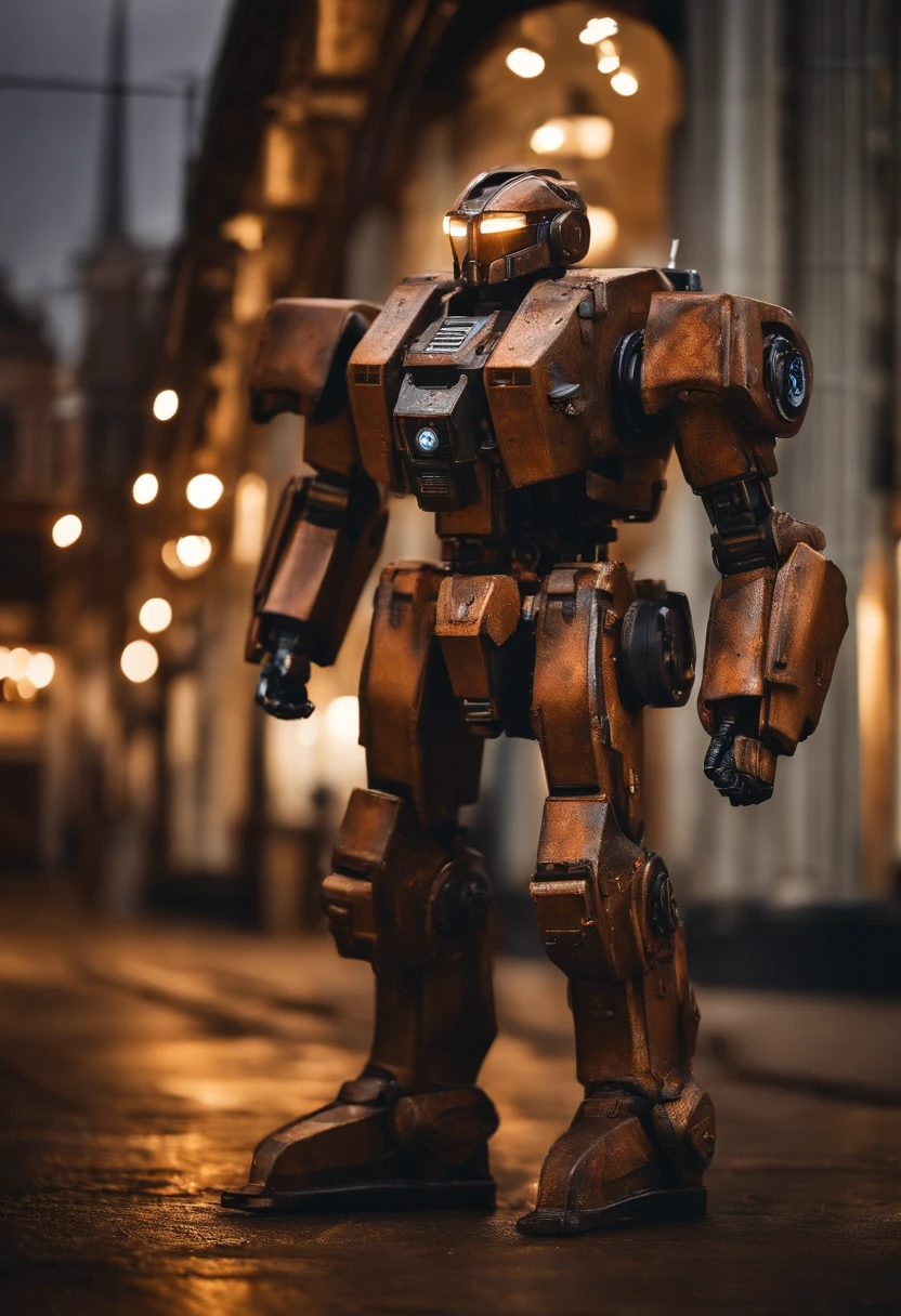 Portrait photo of a handsome male full body photo, perfect eyes, wearing a shabby mecha coat, ((light bokeh)), intricate, (steel metal [rust]), elegant, sharp focus, photo by Greg Rutkovsky, soft lighting, bright colors, masterpiece, (street)), detailed realistic face, close-up of the face