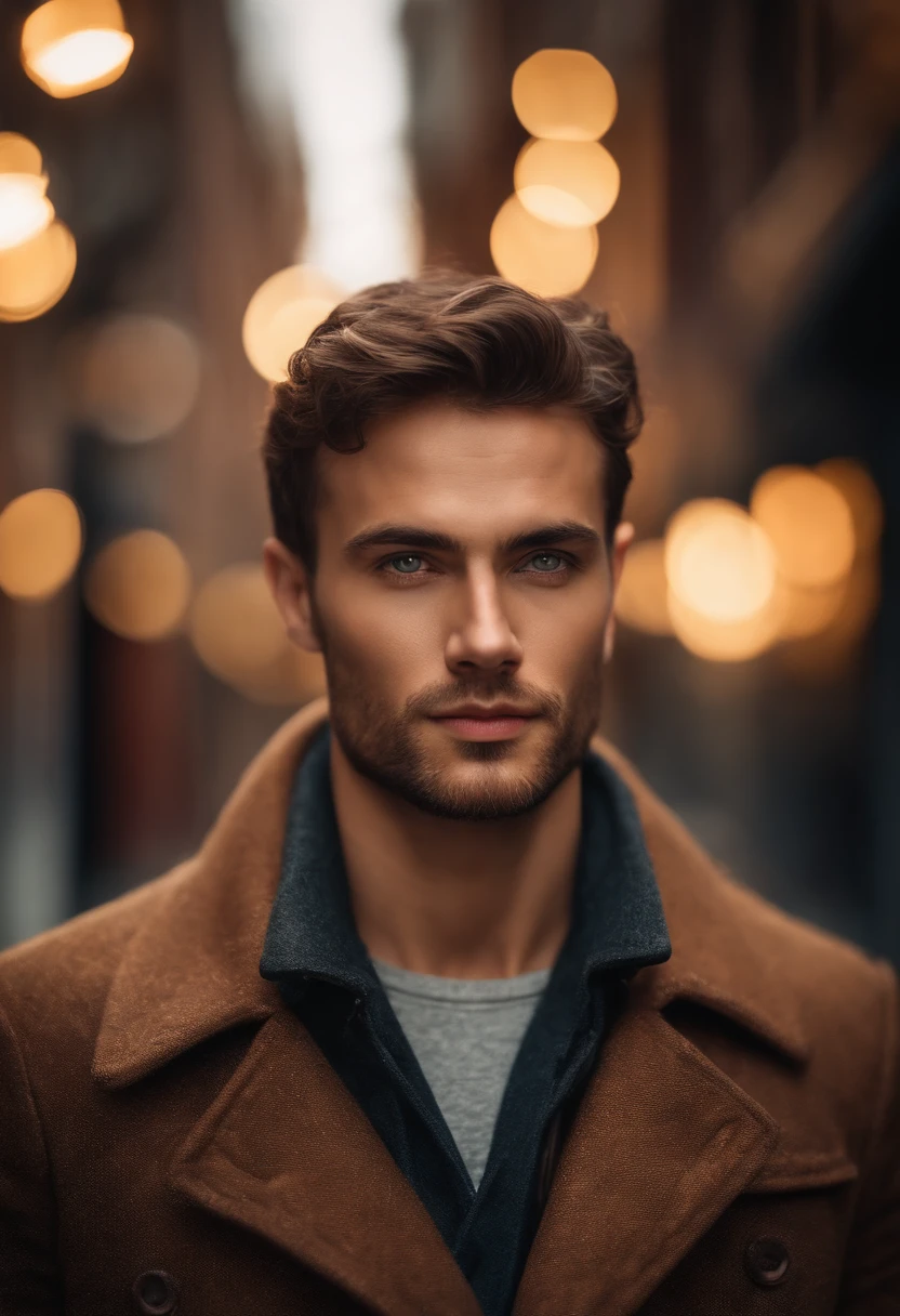 Portrait photo of a handsome male full body photo, perfect eyes, wearing a shabby mecha coat, ((light bokeh)), intricate, (steel metal [rust]), elegant, sharp focus, photo by Greg Rutkovsky, soft lighting, bright colors, masterpiece, (street)), detailed realistic face, close-up of the face