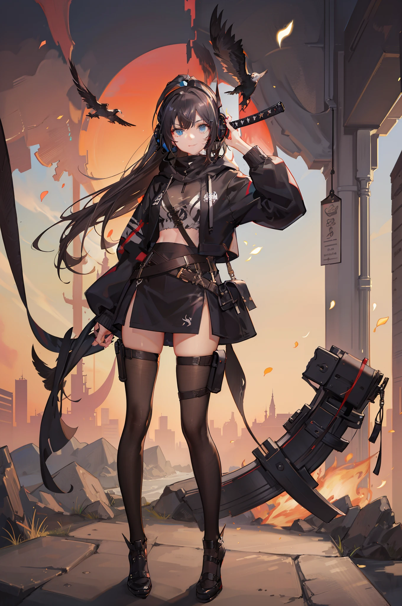 masterpiece, highres, best quality, black hoodie, 1girl, solo, brown hair, smile, blue eyes, high quality artstyle, ultra detailed, black leggings, quality shadows, 8K, ponytail, headphones,(punishing gray raven), Katana