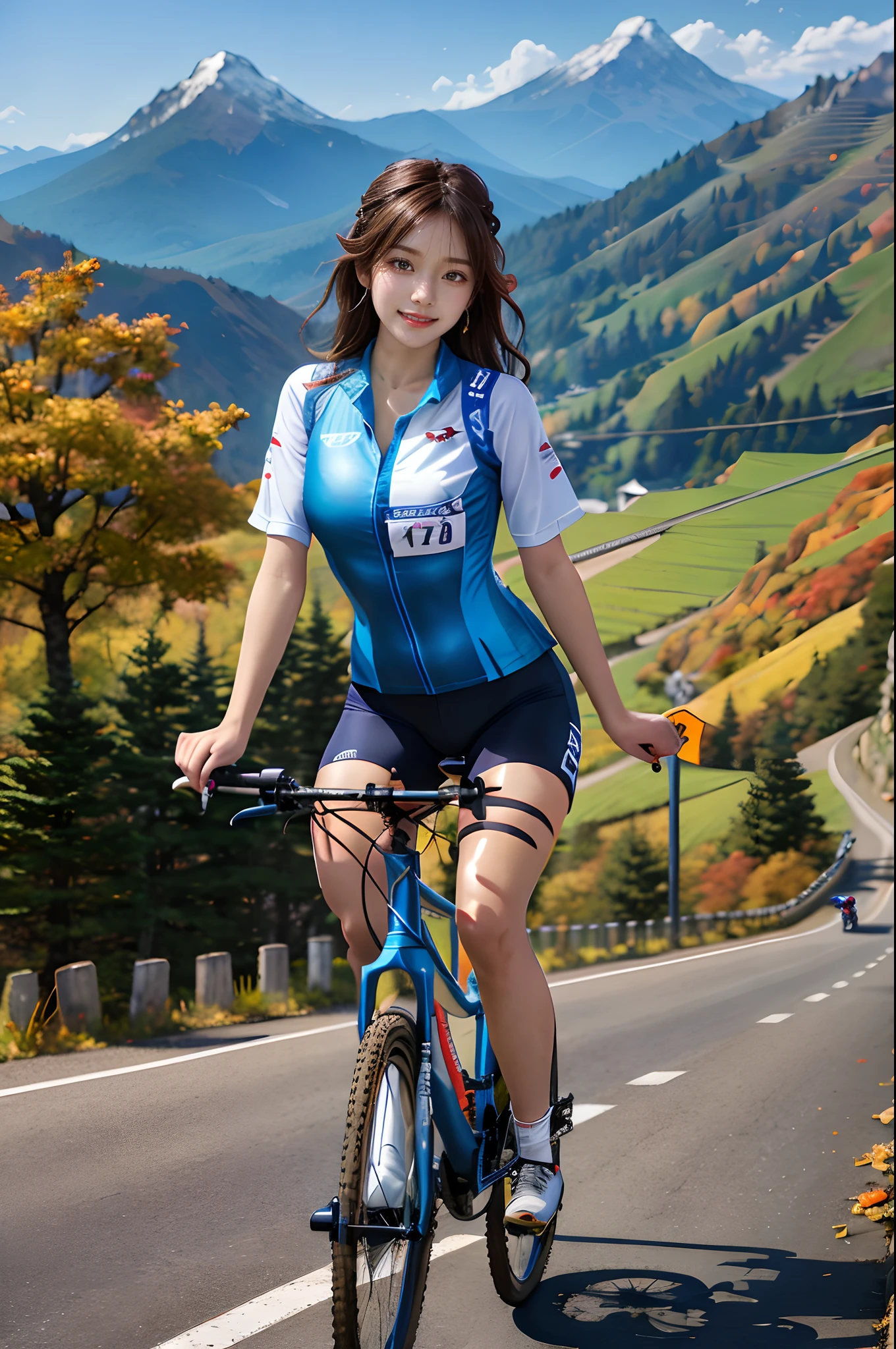 (Realistic), (Intricate details: 1.2), (masutepiece: 1.3), (Best Quality: 1.4), (超A high resolution: 1.2), 超A high resolution, (Detailed eyes), (A detailed face), Dramatic Lighting, foco nítido, 1beautiful girl,beautiful Japanese idol,(Sexy Road Bike Racing Leotard),Uniform with wide open chest,age girl riding perfect bike,Rin々Shishi Face, beautiful countenance, grin,huge-breasted,A slender,Big ass,Flashy lingerie and sexy shirts,shiny skins,perfect hand,nice legs,(Mountain bike ride:1.2),great outdoors,(mountain road:1.4),Trees with autumn leaves,Blue sky in autumn,leaf fall,dynamicposes,Look at viewers,Focus on the face,