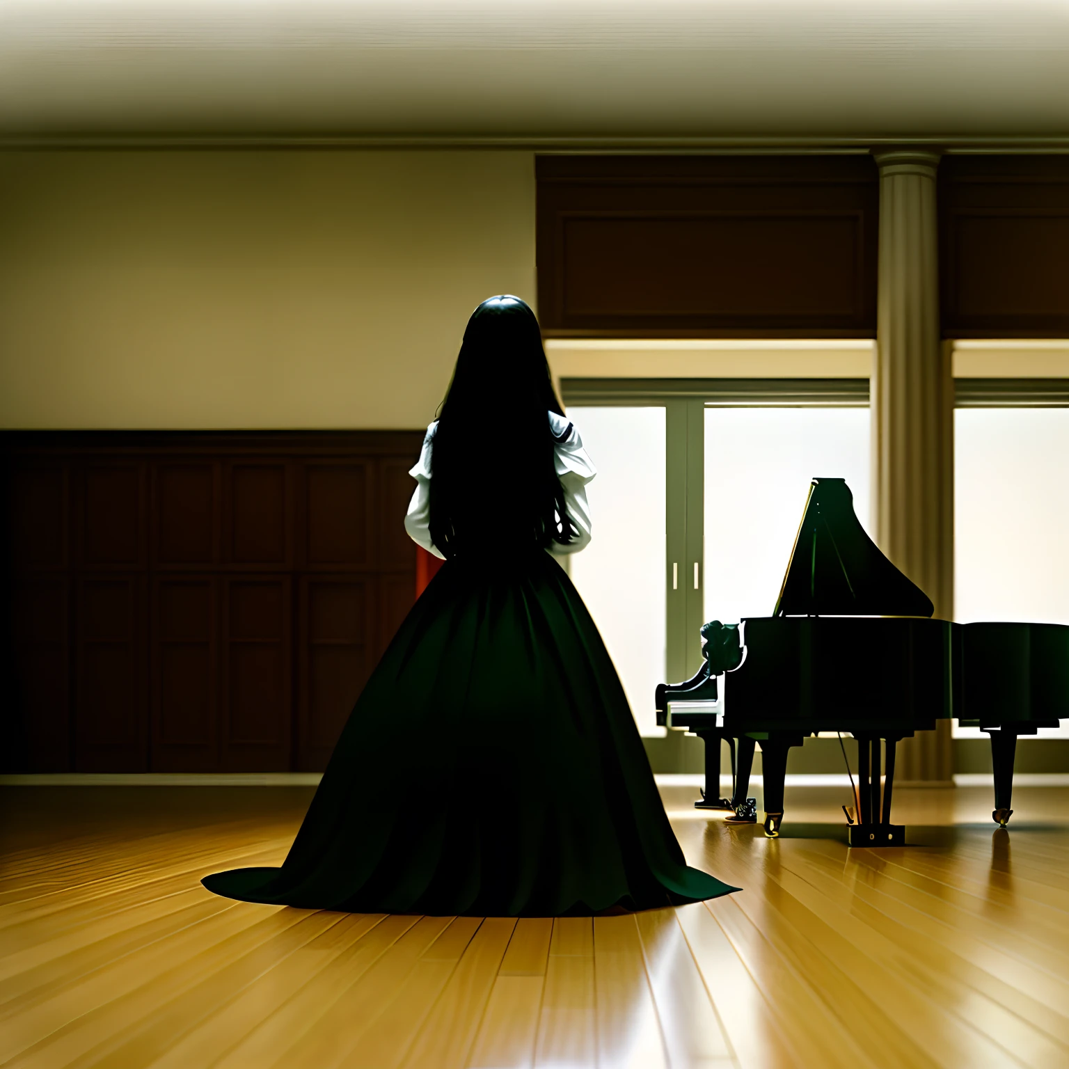In an empty and spacious hall,Wooden floors,In very dim light, In the distance, There is a piano,A man in a tuxedo sits there playing the piano,There is also a long-haired girl with an accordion looking at the man with her back to the camera