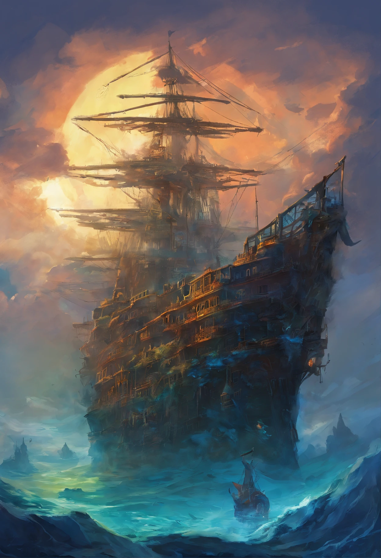 (Deep blue sea:1.5)，(//Dilapidated ghost ship:1.3//)+(A giant ship that has sunk to the seabed：1.3)，Schools of glowing fish，Green seaweed。Cold and lonely，Solitude，darkly，Shipwreck remains,