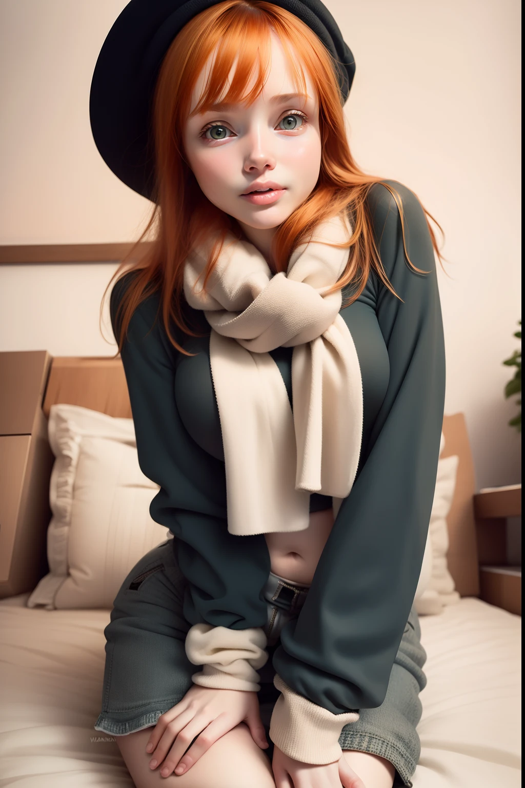 (Lift jacket:1.2), masterpice, top-quality, 1girl in, A dark-haired, scarf, Hats, realisitic, looking in camera, Green eyes, shorth hair, haori, Winter clothes, White headscarf, White teeth with open mouth, s lips, sparse bangs, in a house, at bedroom, (((Open your eyes and yawn))), (lying on one's side on bed), (((hands on crotch)))