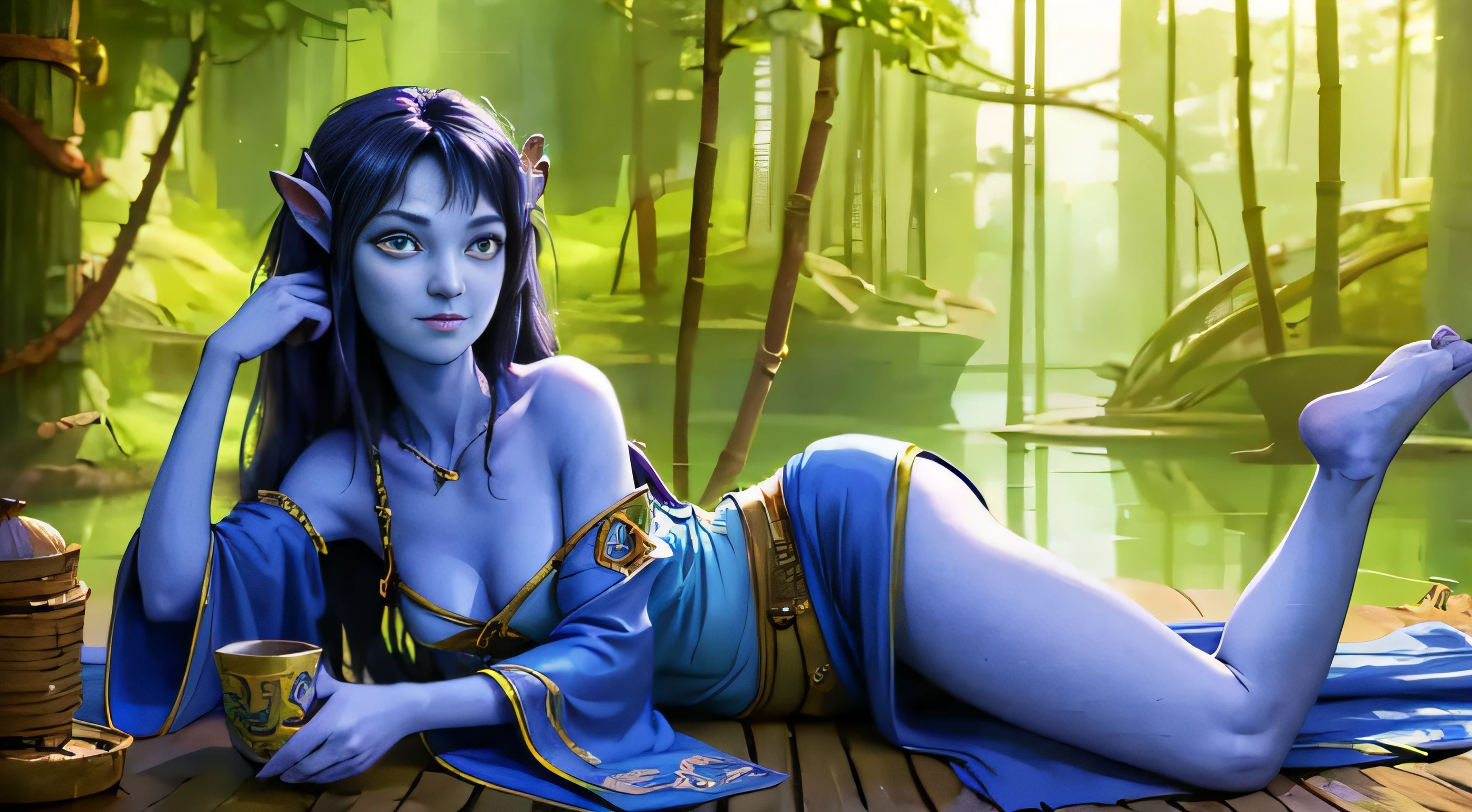 masterpiece, best quality, official art, 8k wallpaper, highly detailed, illustration, 1 girl, Azure hair, long hair, detailed eyes, forrest, bare shoulders, hanfu,lakes, pure, soft smile,bamboo,Tea