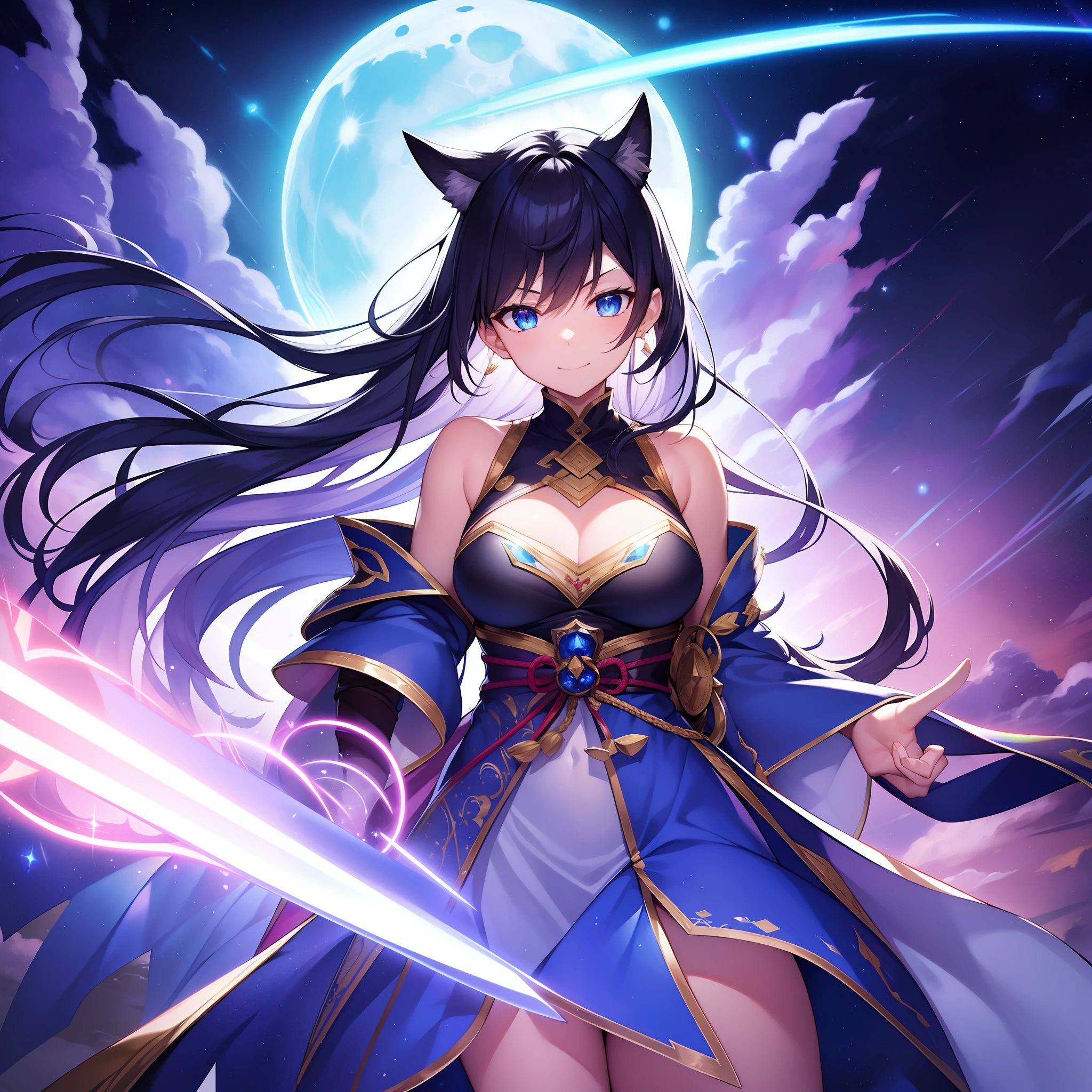 Ultra High Definition Crescent Moon Feast Sky, Japan countryside landscape with complex rice ears and rice fields, Empty eyes,Face Focus, sanpaku, angry, Mouth half open,Smile,smiling mischievously, A look that came up with a bad thing,Cat's ears,Her hair is dark blue、Short hairstyle, ,Her skin is pale, Swirling rainbows and lights on complex background、It enveloped me like a brave interstellar serpent,,Blue lightning sword in left hand、He also、Holding a flaming sword in his right hand,dual-wielding,Unleash the Blade of Light,She smiles mischievously, Highest Quality, Carry a blue cloak with war maiden decorations,Raise the railgun, ((sanpaku))((Proud)), 8 Blue Light Sword,Blade of Light,Lens Flare, Big rainbow,The moon shines,Star chips, bloom, ((light glow)), chromatic abberation], Digital Painting, Insane details, Intricate details, Beautifully color graded, Unreal Engine, Cinematic , colour grading, Editorial Photography , Photography, Photo Shot, Shot on 70mm lens, depth of fields, degrees of freedom, Tilt Blur, Shutter Speed 1/1000, h/22