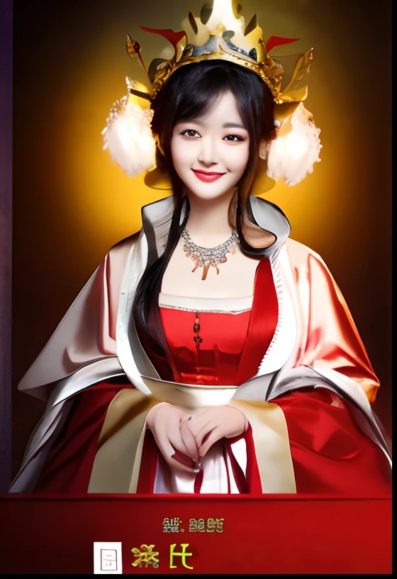 Smiling woman with black hair in dress with crown on head
