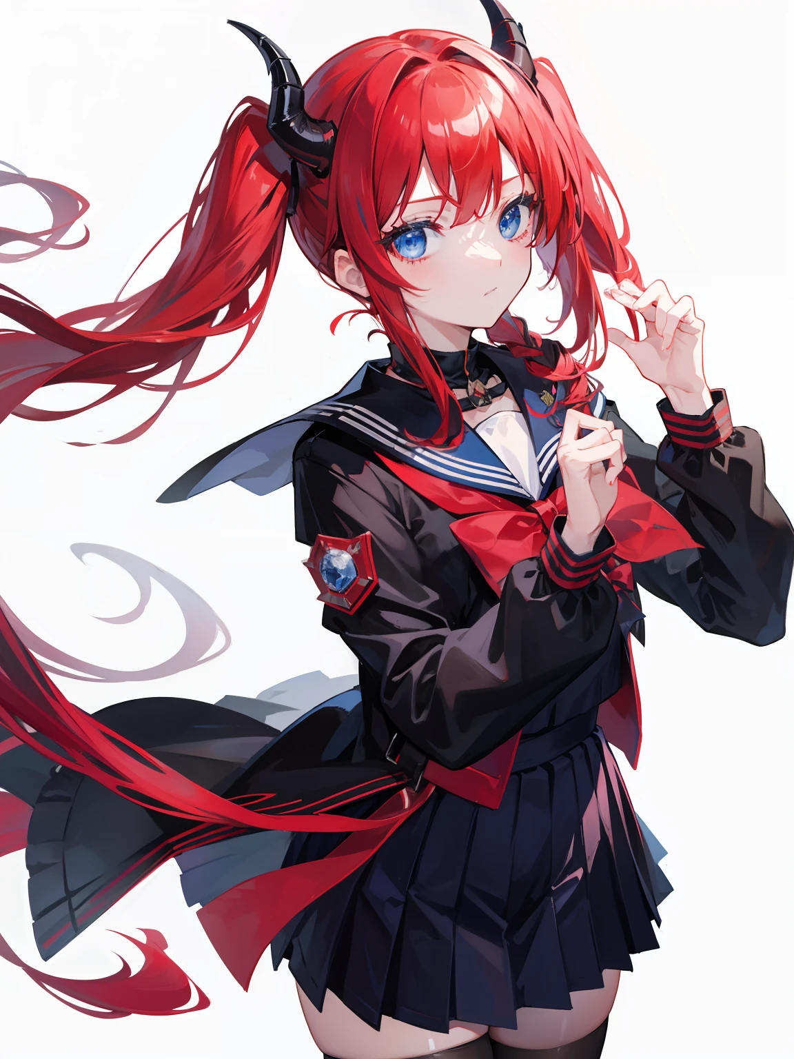 red hair, blue eyes, twintails, Sailor suit,black coat, Dragon horns,Pleated skirt,solo,bow