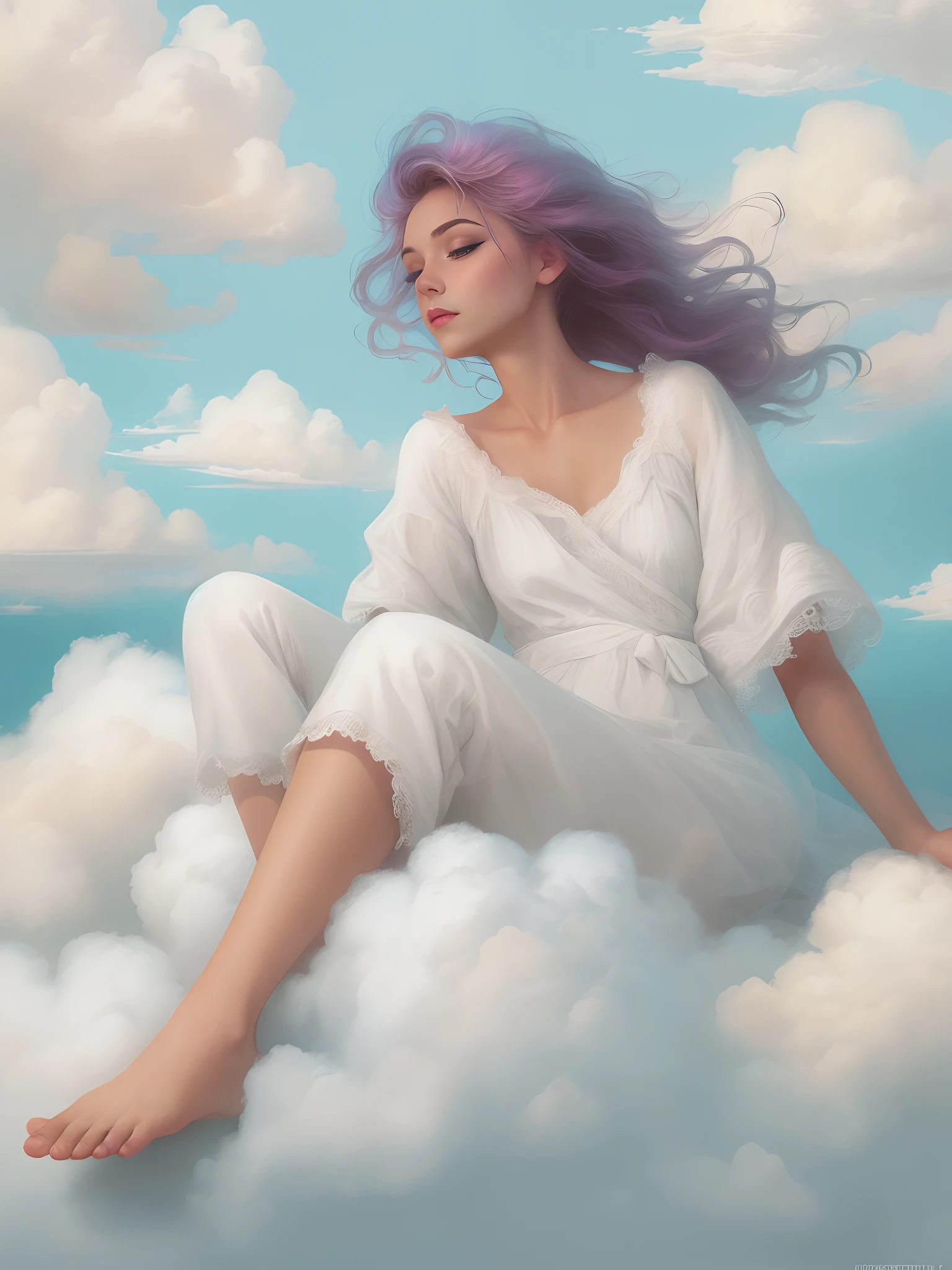 A beautiful artwork illustration, Beautiful girl sleeping in clouds,With his eyes closed,In a dream,Girl in the clouds in the sky,sitted,Beautiful facial features,Fluffy clouds,Guviz-style artwork, White cloud hair, Beautiful digital illustration, fantasy art portrait, Clouds. fantasy, guweiz masterpiece, Cloud hair