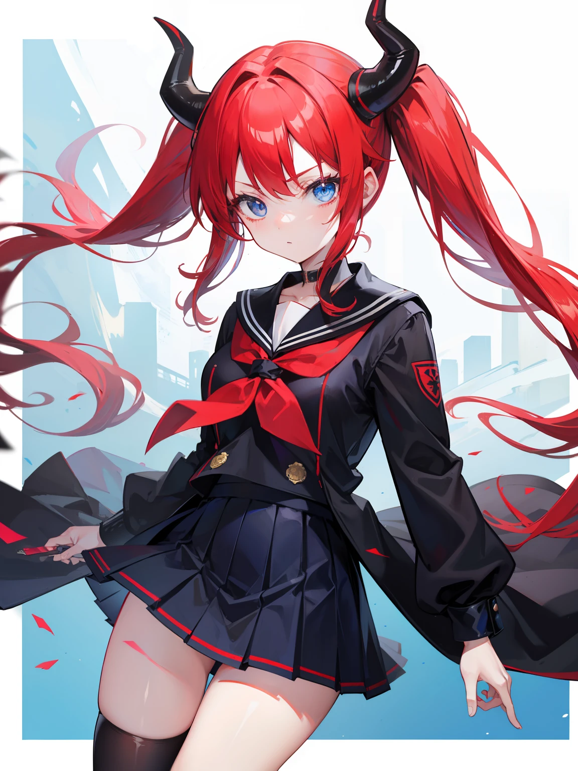 red hair, blue eyes, twintails, Sailor suit,black coat, Dragon horns,Pleated skirt,solo,bow