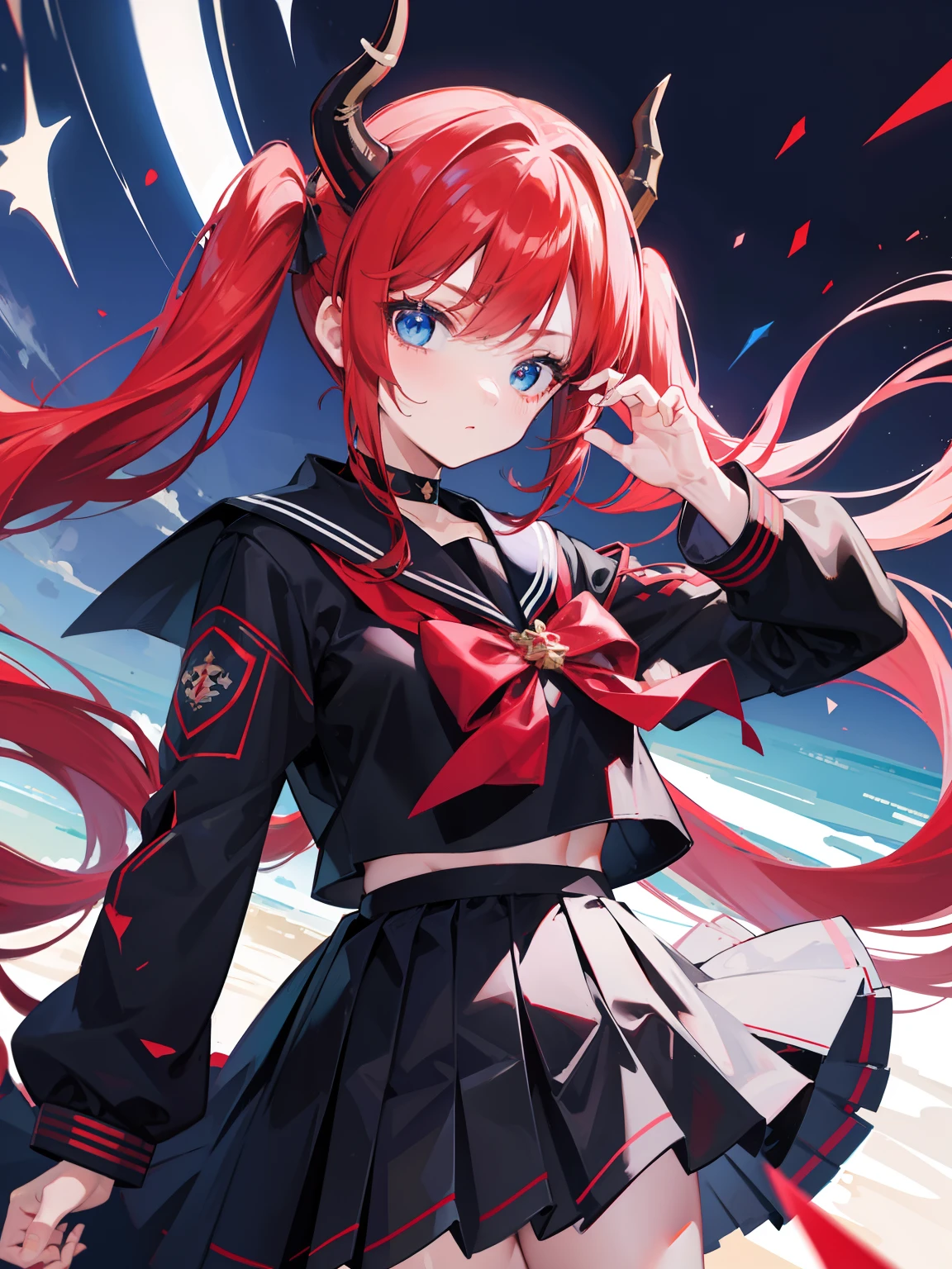 red hair, blue eyes, twintails, Sailor suit,black coat, Dragon horns,Pleated skirt,solo,bow