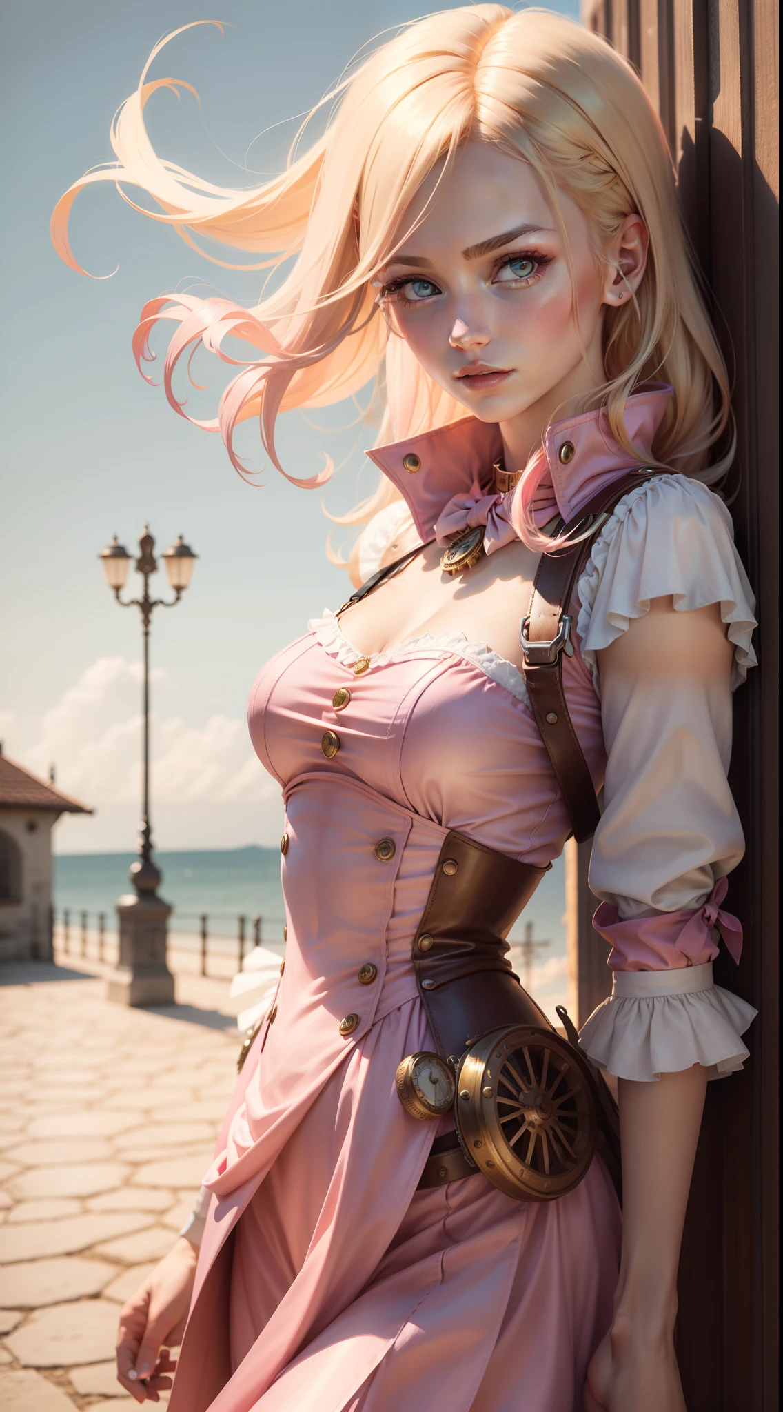 Best quality, Masterpiece, Upper body, woman, Blonde hair fluttered in the wind, Shining eyes, Steampunk style, Thin clothes, Pink clothes, Pink hair