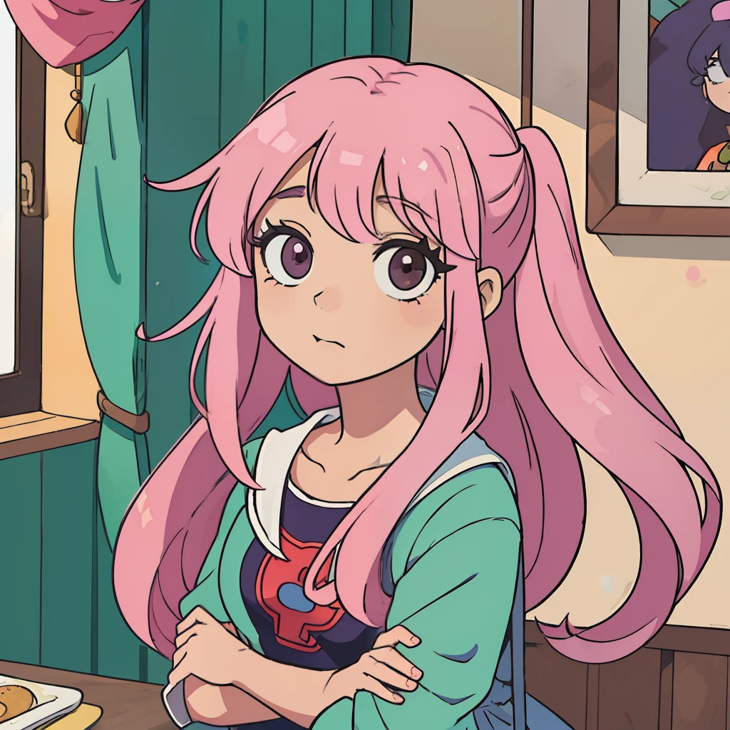 Ilutra um garota de 4 anos olhando na janela do quarto, paisagem fora da janela do mundo de Boku no hero, barnet,pessoa com poderes, garota com cabelo rosa de costa, 2d anime, anime, desenho de anime, my hero academy, Boku no hero.