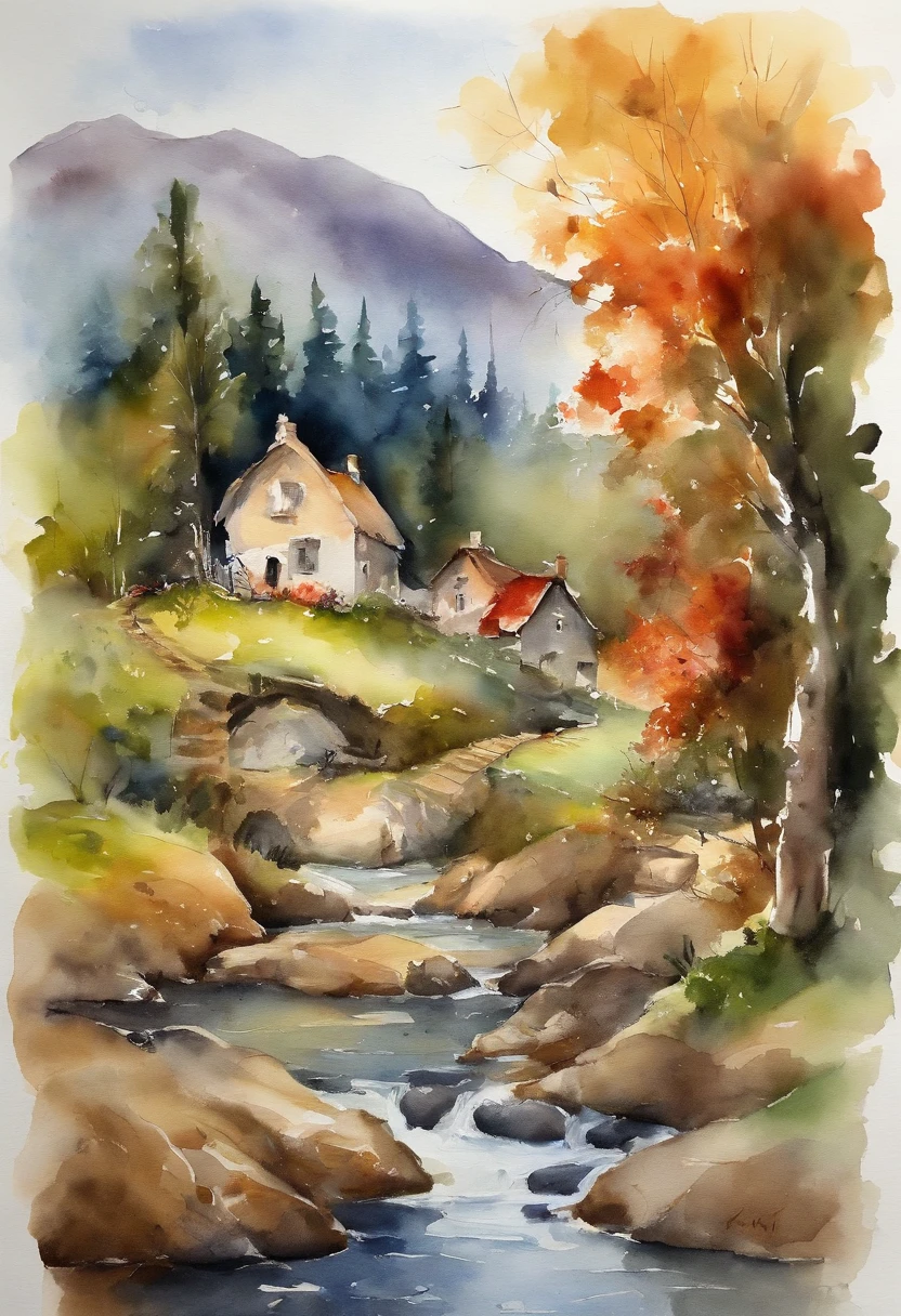 There is a creek at the bottom of the mountain, There are reflections in the stream, Village cottage beside the stream, And cooking smoke rises, children playing with chicken, Faraway view,Realistis, Expressionism