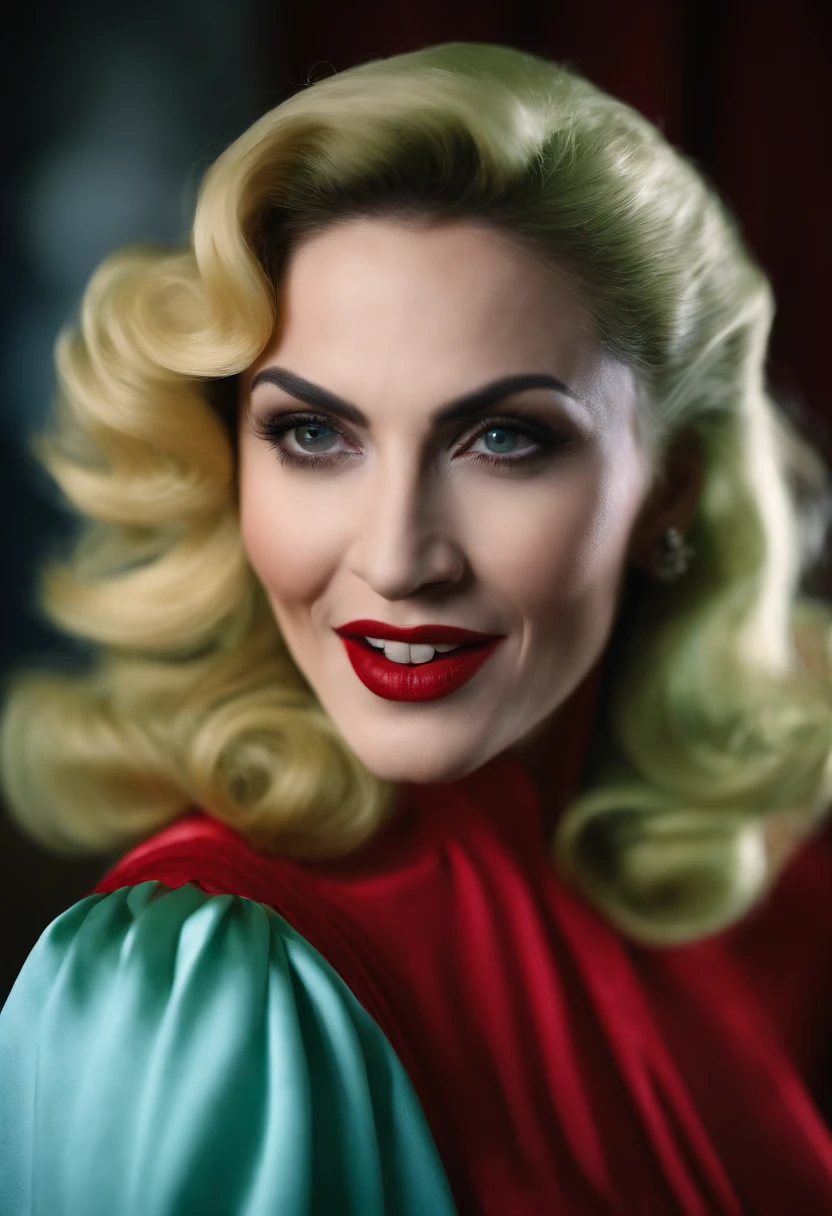 Vampire Madonna singer, retro photo, realistic photo, movement, many colors, 8k fantasy, playful realistic photo, playful photo, colors green, red, yellow, blue, pink, Madonna vampire photo, Vampire Madonna, deep look, front look, mouth open, sharp teeth, Madonna's face, vampire teeth, sharp teeth, front shot, smiling, dark face, colorful scenery,