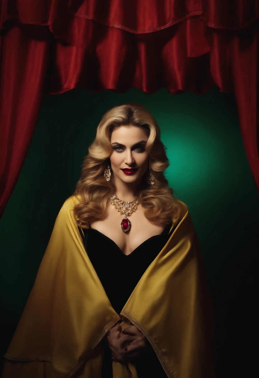 Vampire Madonna singer, retro photo, realistic photo, movement, many colors, 8k fantasy, playful realistic photo, playful photo, colors green, red, yellow, blue, pink, Madonna vampire photo, Vampire Madonna, deep look, front look, mouth open, sharp teeth, Madonna's face, vampire teeth, sharp teeth, front shot, smiling, dark face, colorful scenery,