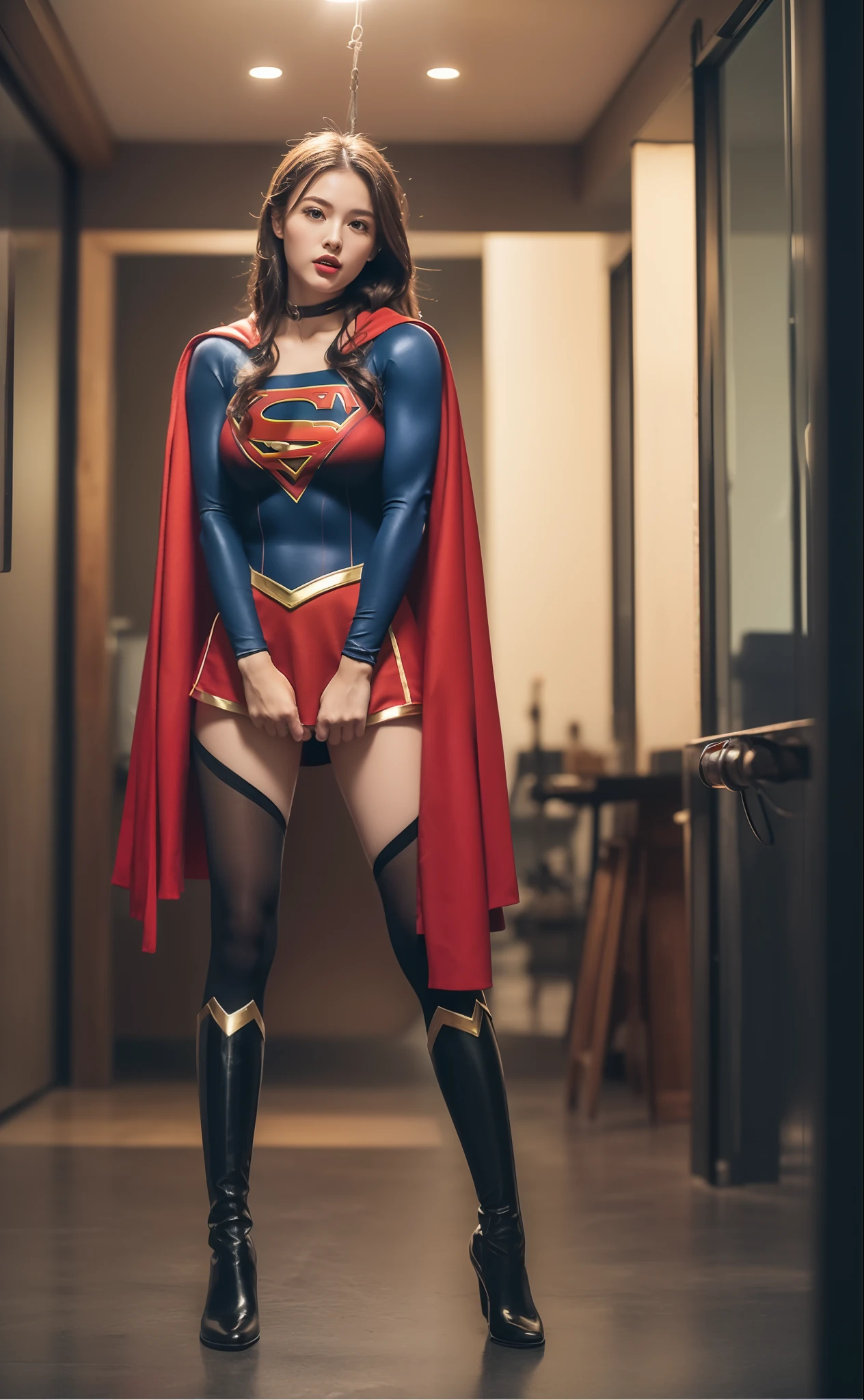 ​masterpiece,Short-haired supergirl spreading her thighs on a hospital operating table、large full breasts、Looking at the camera、Glossy enamel costume、Glossy red enamel long boots、Shiny red skirt、a choker、Glimpse、Fluttering cloak、seduces、sexypose、shame、Insults、insult、cum on、Fayue、ecstacy、radical