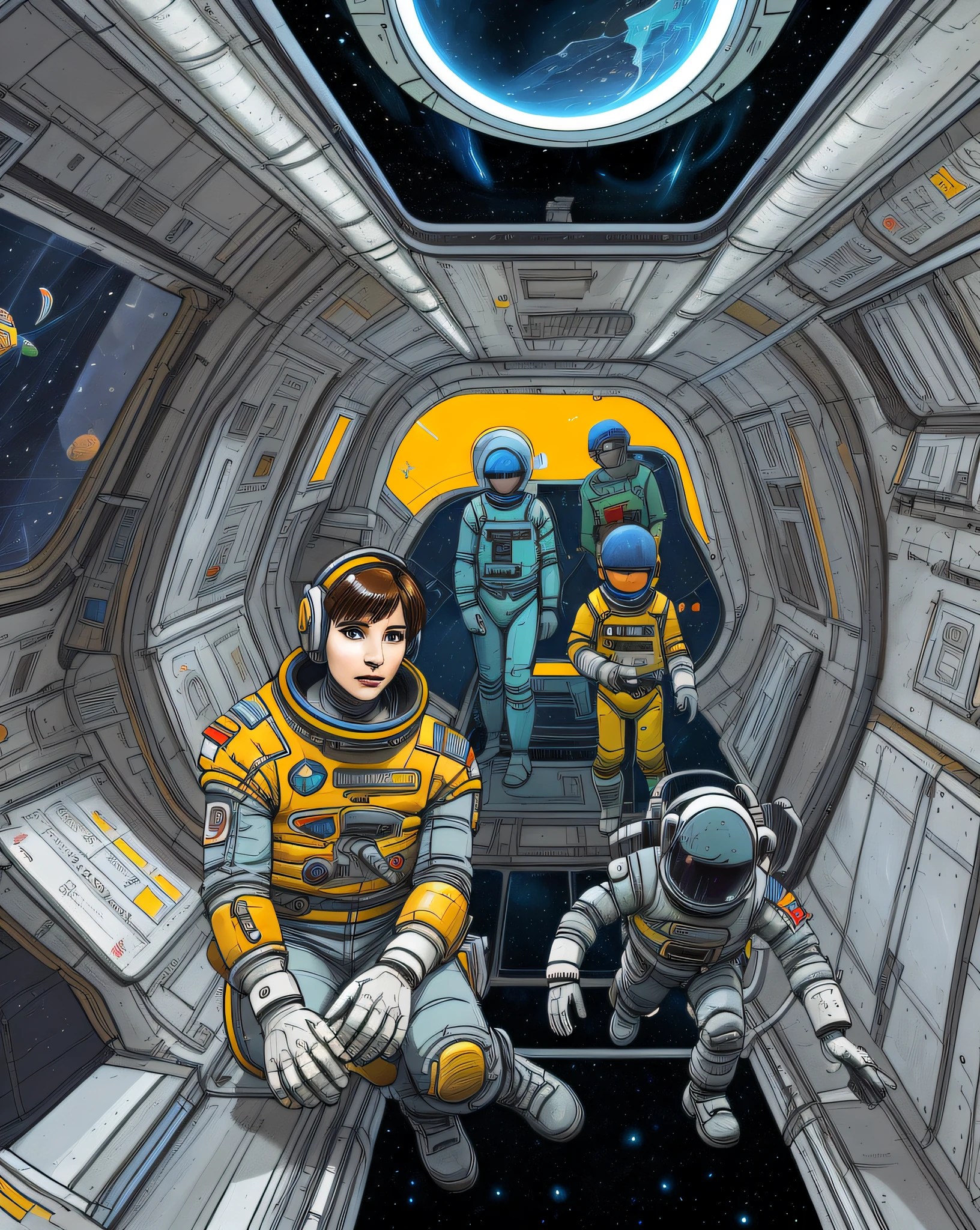 Astronaut in outer space with space station child, Mobile game art, space walk scene, spacewalk, space graphics art in background, full color digital illustration, Space travelling, detailed digital illustration, Commercial illustration, In space, scifi illustration, painting of a：Robot Jones, Mobile game background, big tech art style, The astronaut