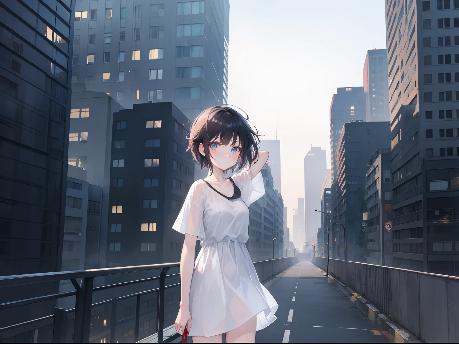 the night，Urban high-rises，one-girl，White short-sleeved T-shirt dress，Standing around the corner from the roof，Hand on the roof fence