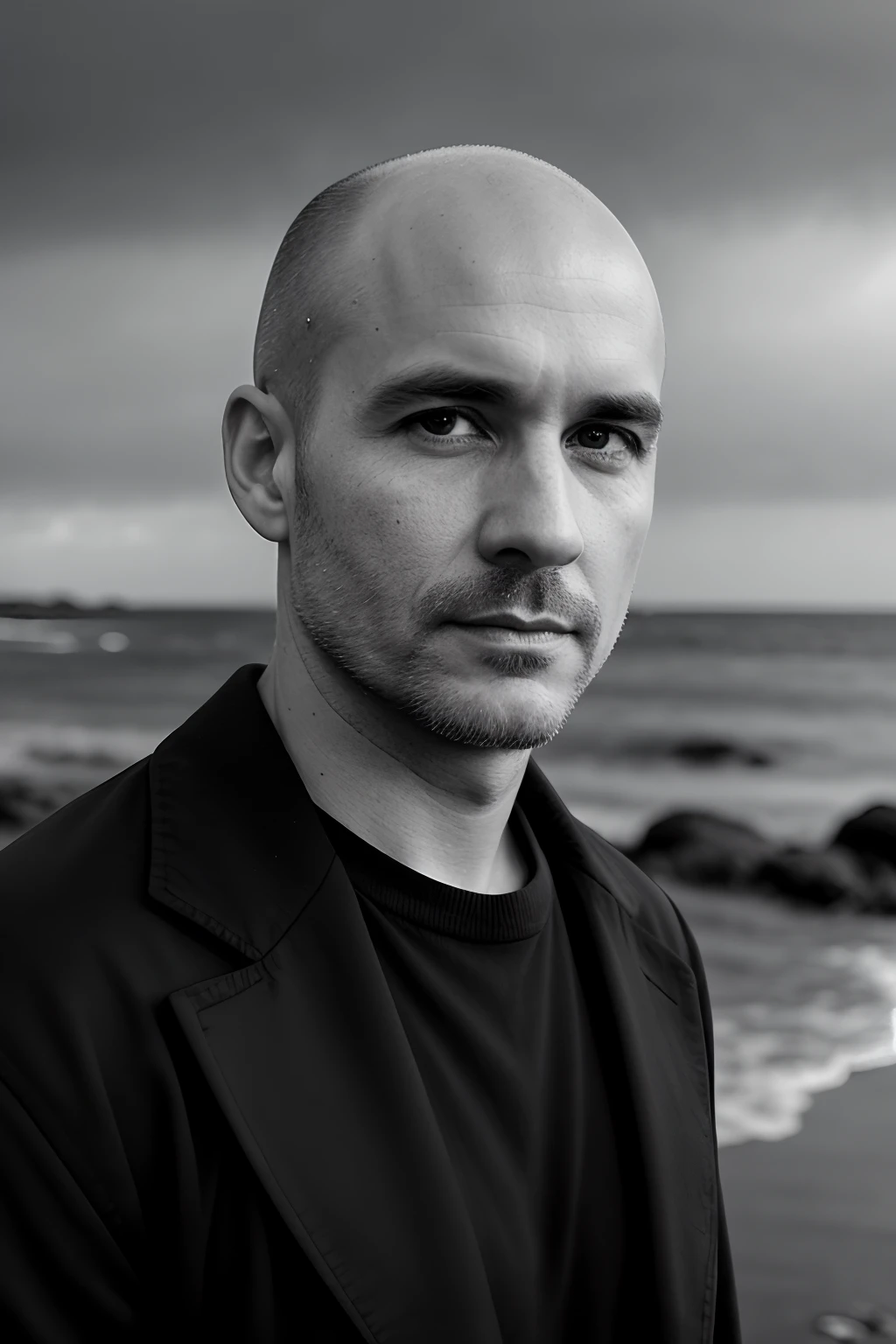 b&w photo of 42 y.o man in black clothes, bald, face, half body, body, high detailed skin, skin pores, coastline, overcast weather, wind, waves, 8k uhd, dslr, soft lighting, high quality, film grain, Fujifilm XT3
