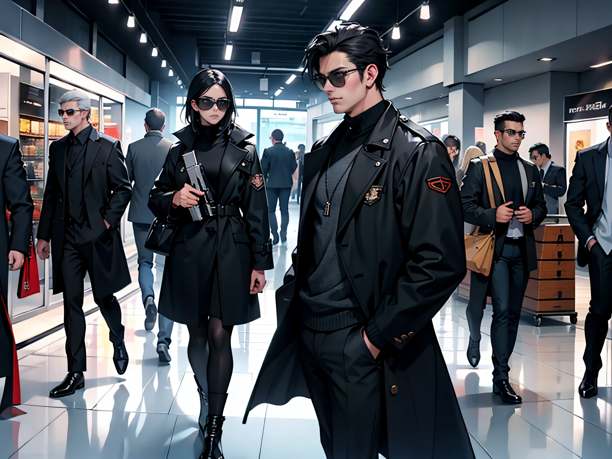 Seven men,with short black hair,Black sunglasses,Black coat,holding a gun in her hand,shooting,Inside the mall,whole body display