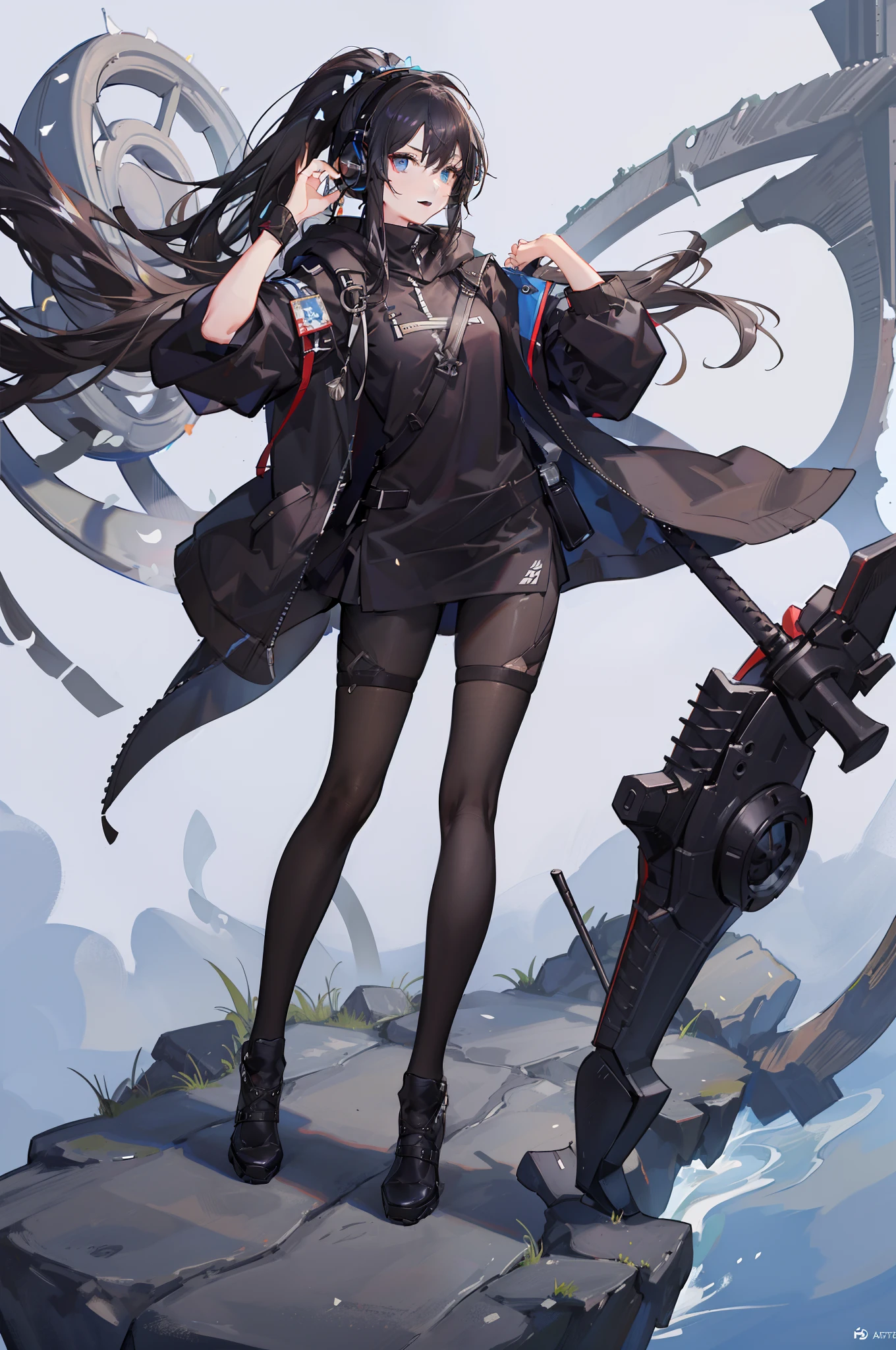 masterpiece, highres, best quality, black hoodie, 1girl, solo, brown hair, smile, blue eyes, high quality artstyle, ultra detailed, black leggings, quality shadows, 8K, ponytail, headphones,(punishing gray raven), Katana