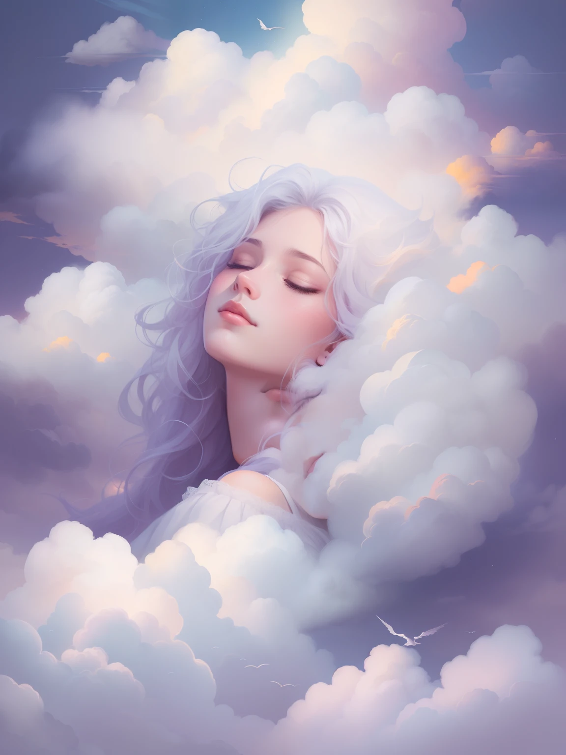 A beautiful artwork illustration, Beautiful girl sleeping in clouds，With his eyes closed，In a dream，Girl in the clouds in the sky，sitted，Beautiful facial features，Fluffy clouds，Guviz-style artwork, White cloud hair, Beautiful digital illustration, fantasy art portrait, Clouds. fantasy, guweiz masterpiece, Cloud hair