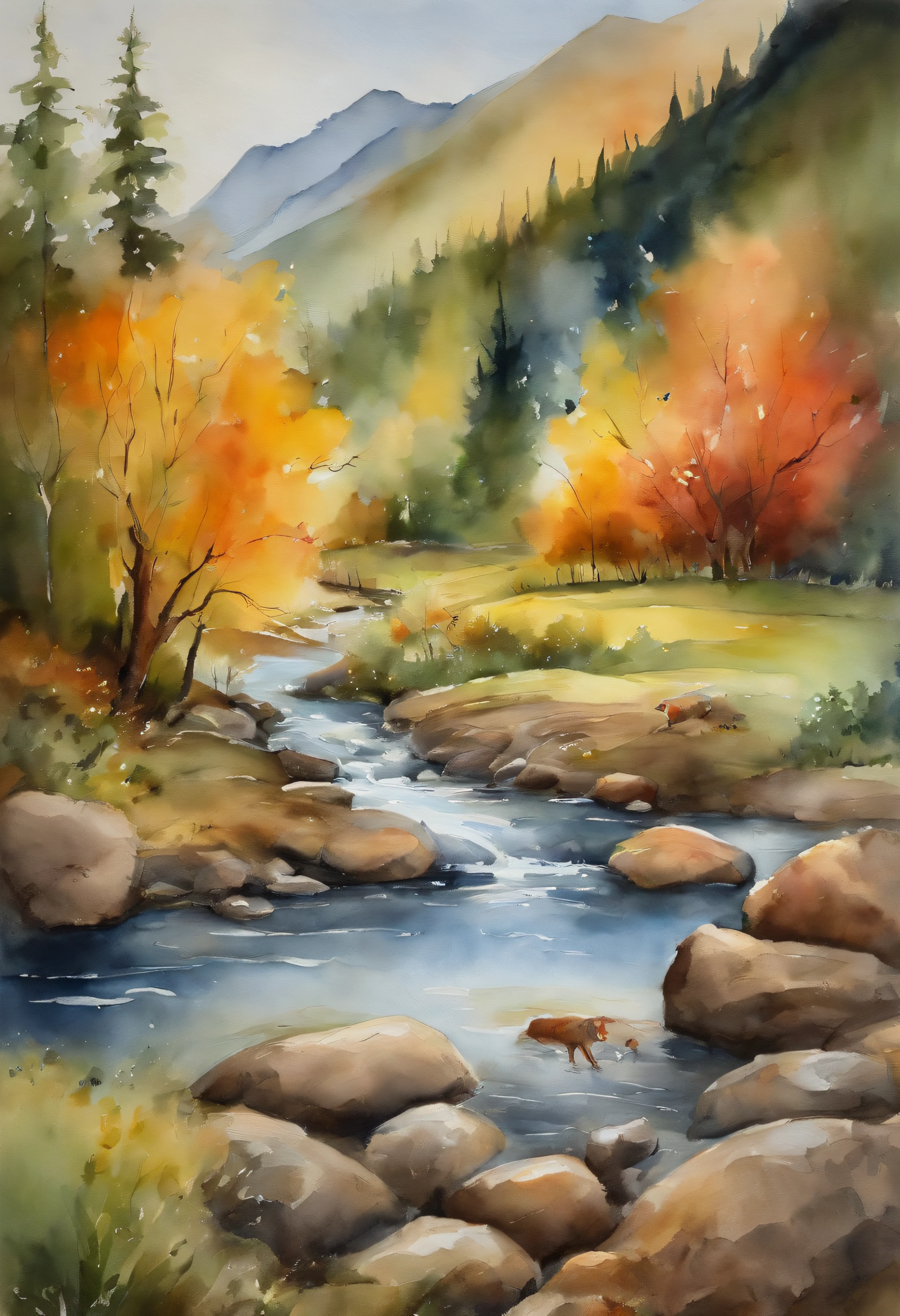 There is a creek at the bottom of the mountain, There are reflections in the stream, Village cottage beside the stream, And cooking smoke rises, children playing with chicken, Faraway view,Realistis, Expressionism
