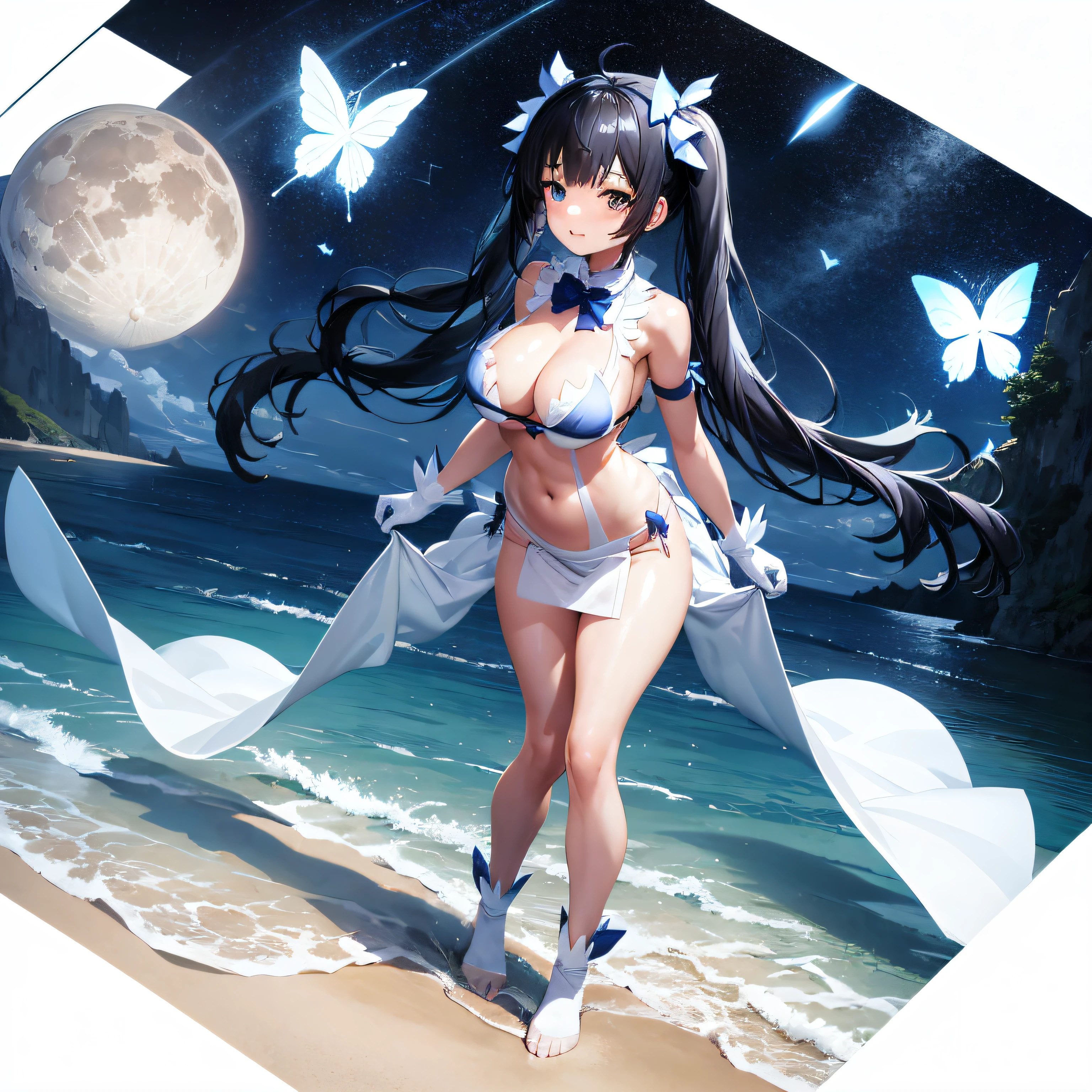 [(white background:1.5)::5], isometric, 1 girl, mid shot,beach, sea waves, water splashes, sky, detailed moon, light particles, butterflies, night, starry sky, full body,hestia, \(danmachi\), breasts, long hair, blue ribbon, twintails, gloves, ribbon, dress, rei no himo, large breasts, blue eyes, black hair, white gloves, cleavage, white dress, hair ribbon, bow, sleeveless, sleeveless dress, bangs, ,(Nipple), hair ornament, bowtie, clothing cutout, very long hair, covered navel, arm ribbon