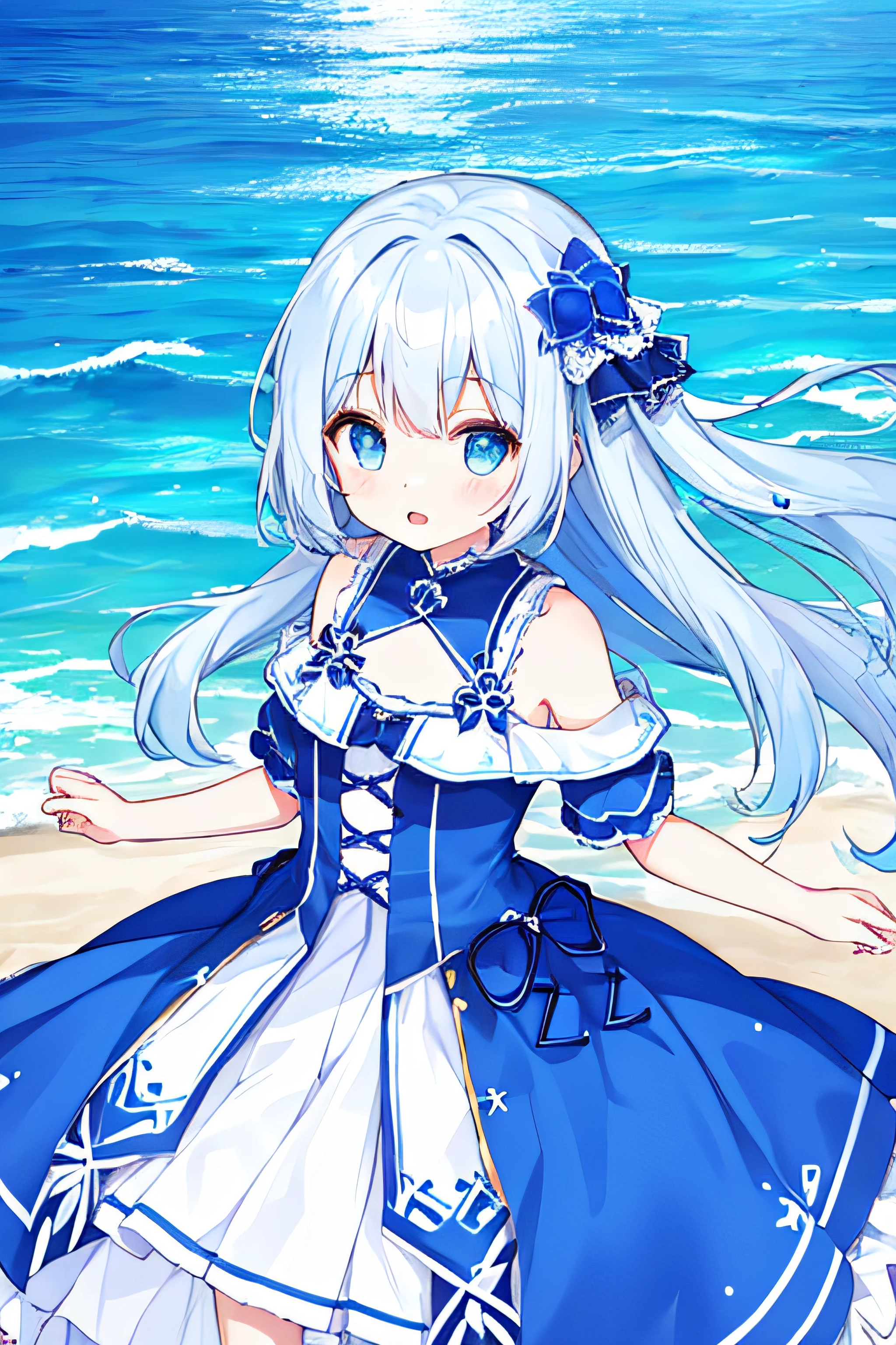 High Picture Quality，teens girl，From the ocean，Gorgeous costumes in blue and white