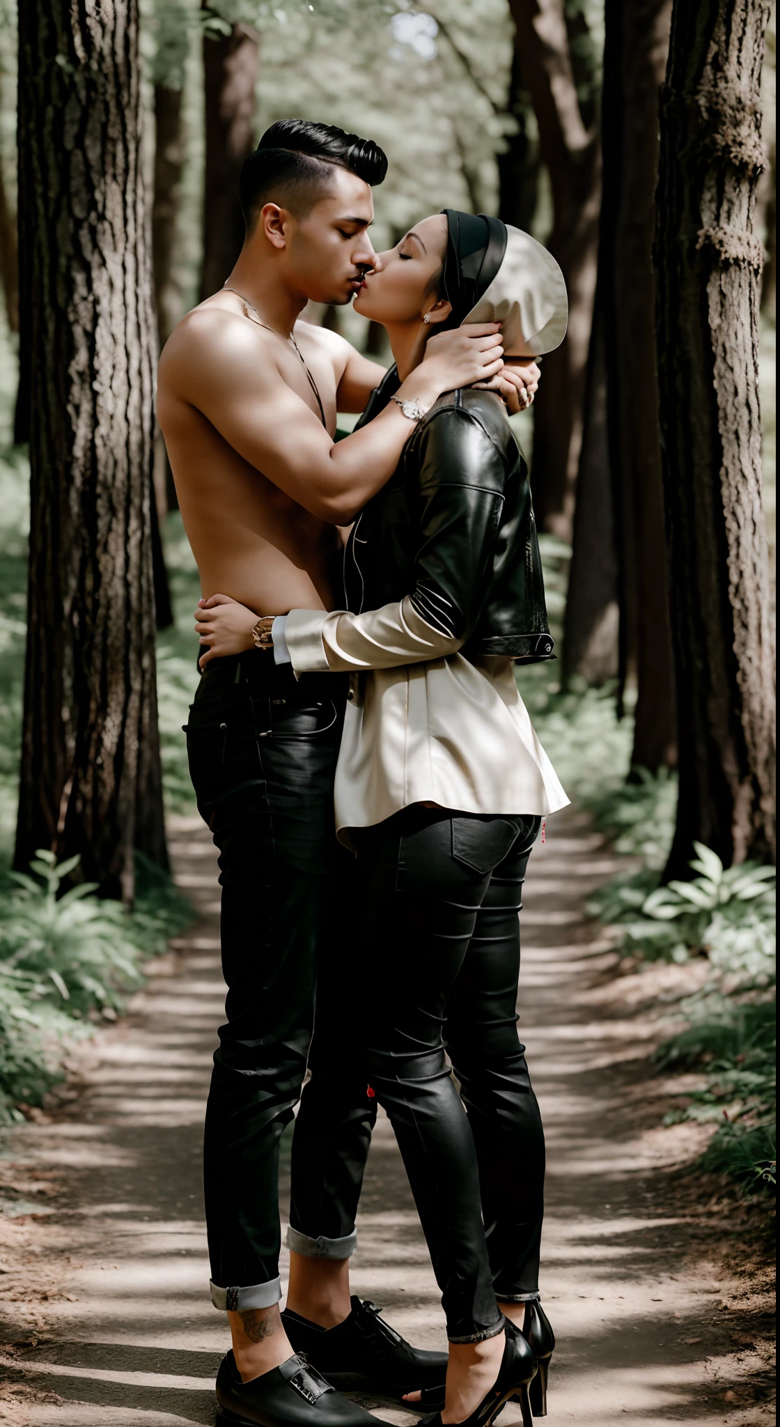 A couple of lovers on a footpath in the forest, a light blond shorthaired man in matte jeans, a lascivious muslim girl, kissing making out, fingering each other, a muslim girl in a shiny black vinyl coat, a shirtless short-haired light blond man in matte jeans, they press against each other, they kiss passionately, they rub their bodies together, they make out , he pulls her to him, she presses against his body, her black vinyl coat shines in the sunshine, she embraces his bare upper body, they lie in each other's arms, love, affection, kissing, erotic