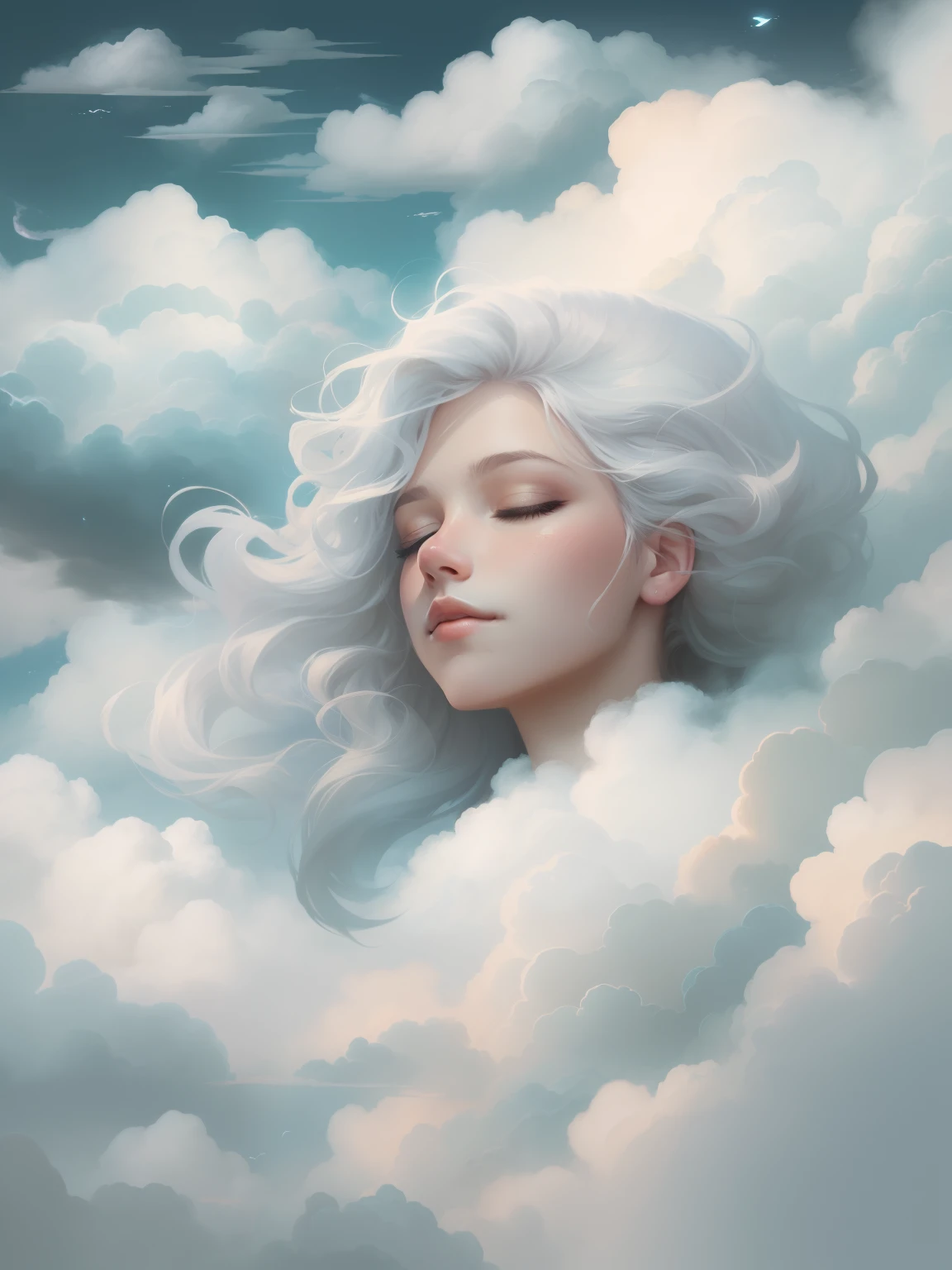 A beautiful artwork illustration, Beautiful girl sleeping in clouds，With his eyes closed，In a dream，Girl in the clouds in the sky，sitted，Beautiful facial features，Fluffy clouds，Guviz-style artwork, White cloud hair, Beautiful digital illustration, fantasy art portrait, Clouds. fantasy, guweiz masterpiece, Cloud hair