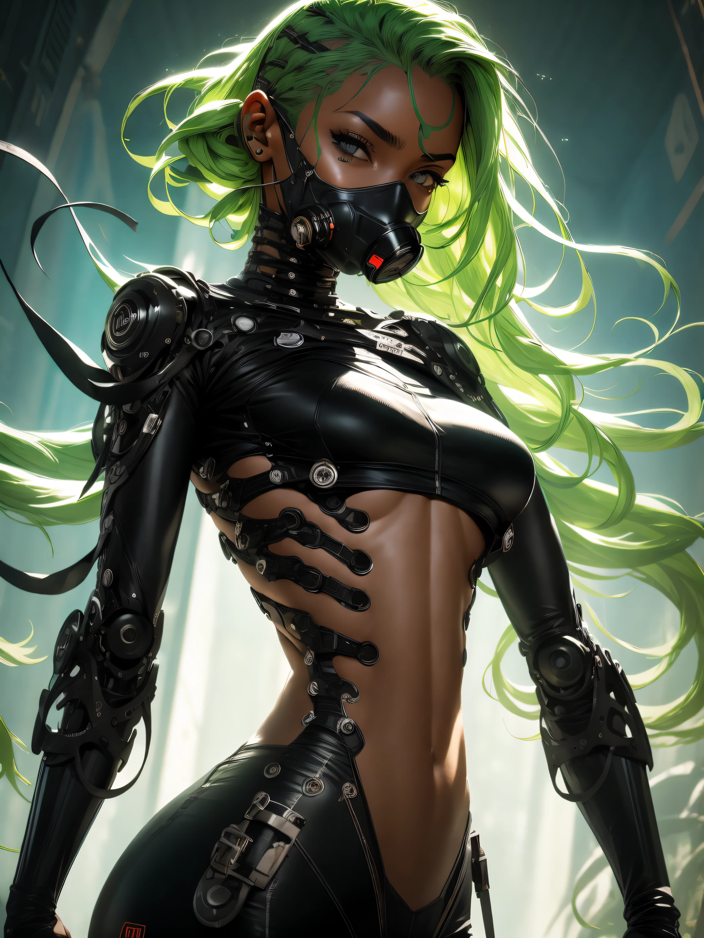 (obra-prima, melhor qualidade), 1girl, cabelo brilhante na altura dos ombros, seios tamanho AA, demonstrating absence of gag reflex, tanga de renda verde claro com design de tiras nas costas., portanto, africano, Wakandan Lora:ciborgue_Estilo_XL-alfa:1.0> ciborgue, cabelo neon, olhos detalhados, android, Mente_cortar, oficial, handsome and aesthetic, brain modification, Colouring, detalhado, real, Brutalista, real, lateralmente, dystopian tone, (1 mechanical girl), sozinho, machine-made joints, machanical limbs, blood vessels attached to tubes, (mechanical vertebra fixed to the back), Fundo_complexo, olhos_Dynamic
