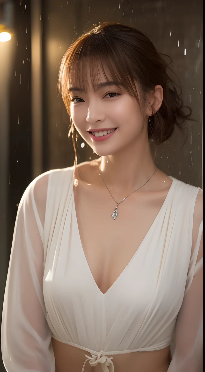 ((natta、Realistic light、top-quality、8K、​masterpiece:1.3))、1girl in、Slim Beauty:1.4、abdominals:1.1、(brown haired、medium chest:1.3)、White shirt:1.1、BAR counter、ultra beautiful faces、Delicat eyes、二重まぶた、a smile、a necklace、Wet in the rain、GarlsBarMirage Name Tag