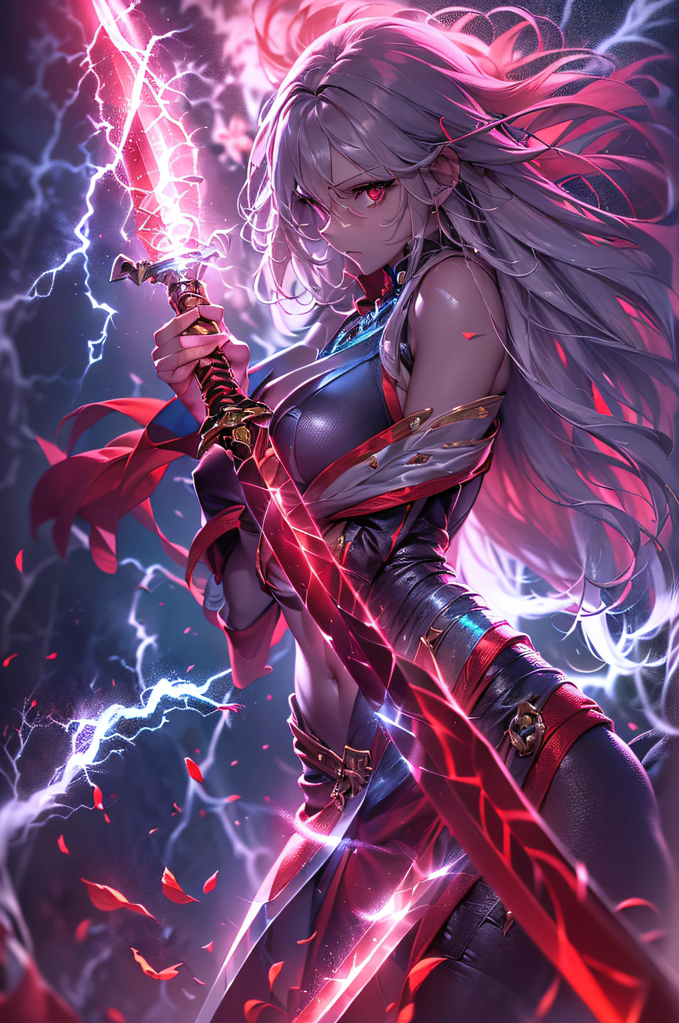 (Chiaroscuro:1.2), (Backlighting:1.3), (Raise the lightning sword:1.2), (Sword Focus:1.1), (Vivid and realistic fingers), (red eyes:1.3), (Countless lightning bolts:1.3), (Very beautiful detailed face), (very long hair with blue wavy:1.2), (nffsw), (retinas), (masutepiece), (ccurate), (Anatomically correct:1.2), (Textured skin), (Super Detail), (high details), (Best Quality), (awardwinning), (hight resolution), (16 K)