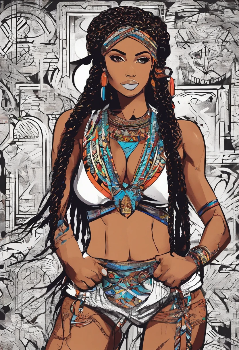 (melhor qualidade), estilo anime, mulher negra, ((pele muito nega)), Linda, anatomia perfeita, corpo perfeito,(com cabelos brancos), cabelos muito volumosos, (((with Egyptian braids))), vestindo uma roupa curta, Swimsuit with black and white details, ((missangas douradas)), fundo do deserto com muita areia, fazendo vento,