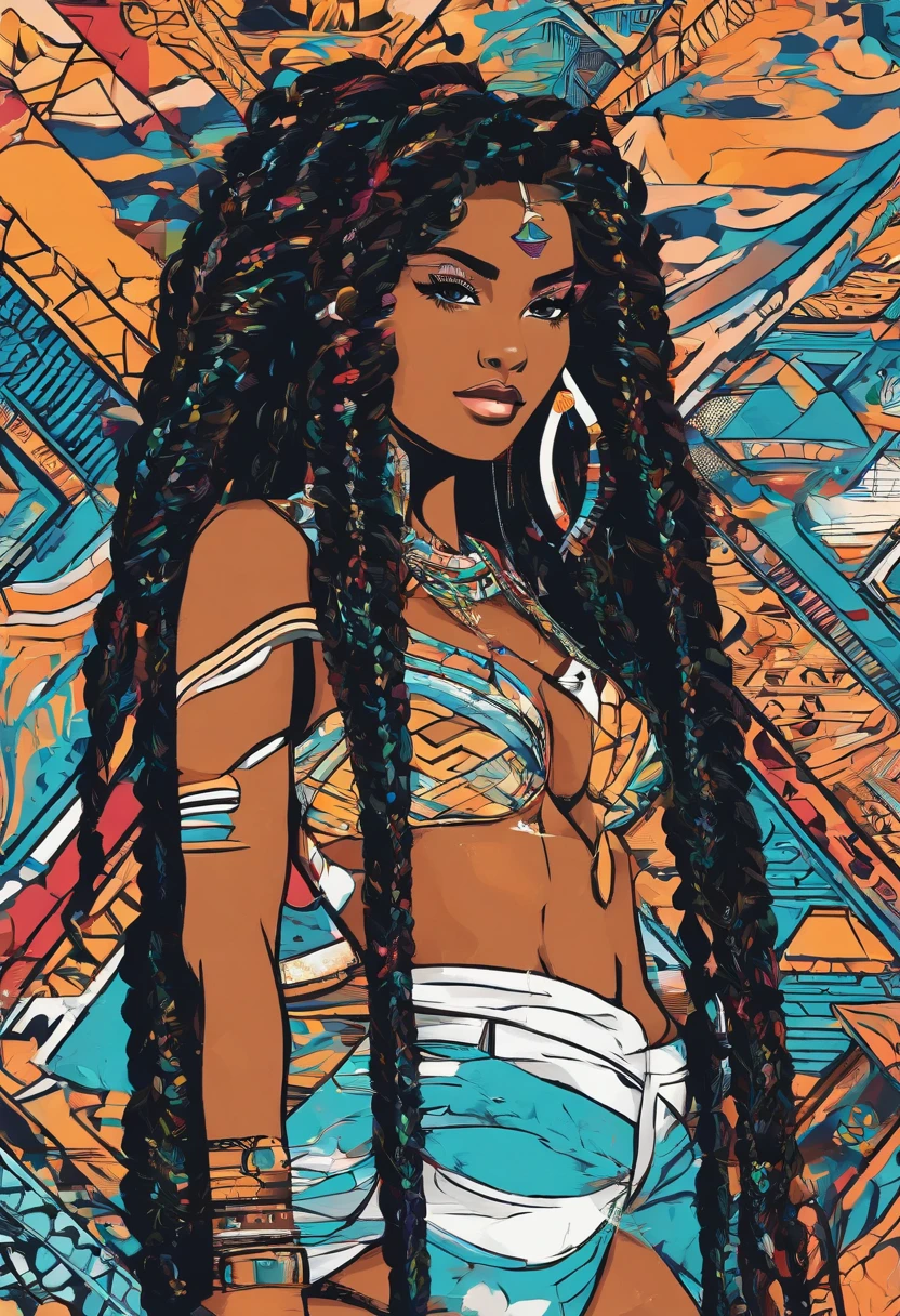 (melhor qualidade), estilo anime, mulher negra, ((pele muito nega)), Linda, anatomia perfeita, corpo perfeito,(com cabelos brancos), cabelos muito volumosos, (((with Egyptian braids))), vestindo uma roupa curta, Swimsuit with black and white details, ((missangas douradas)), fundo do deserto com muita areia, fazendo vento,