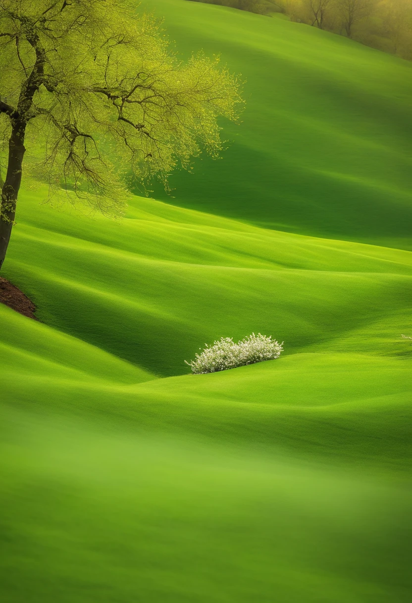 The tender green willow trees of spring have just grown，On the earth，x small flowers and grass bloom all over the hillside，Beauty is moving