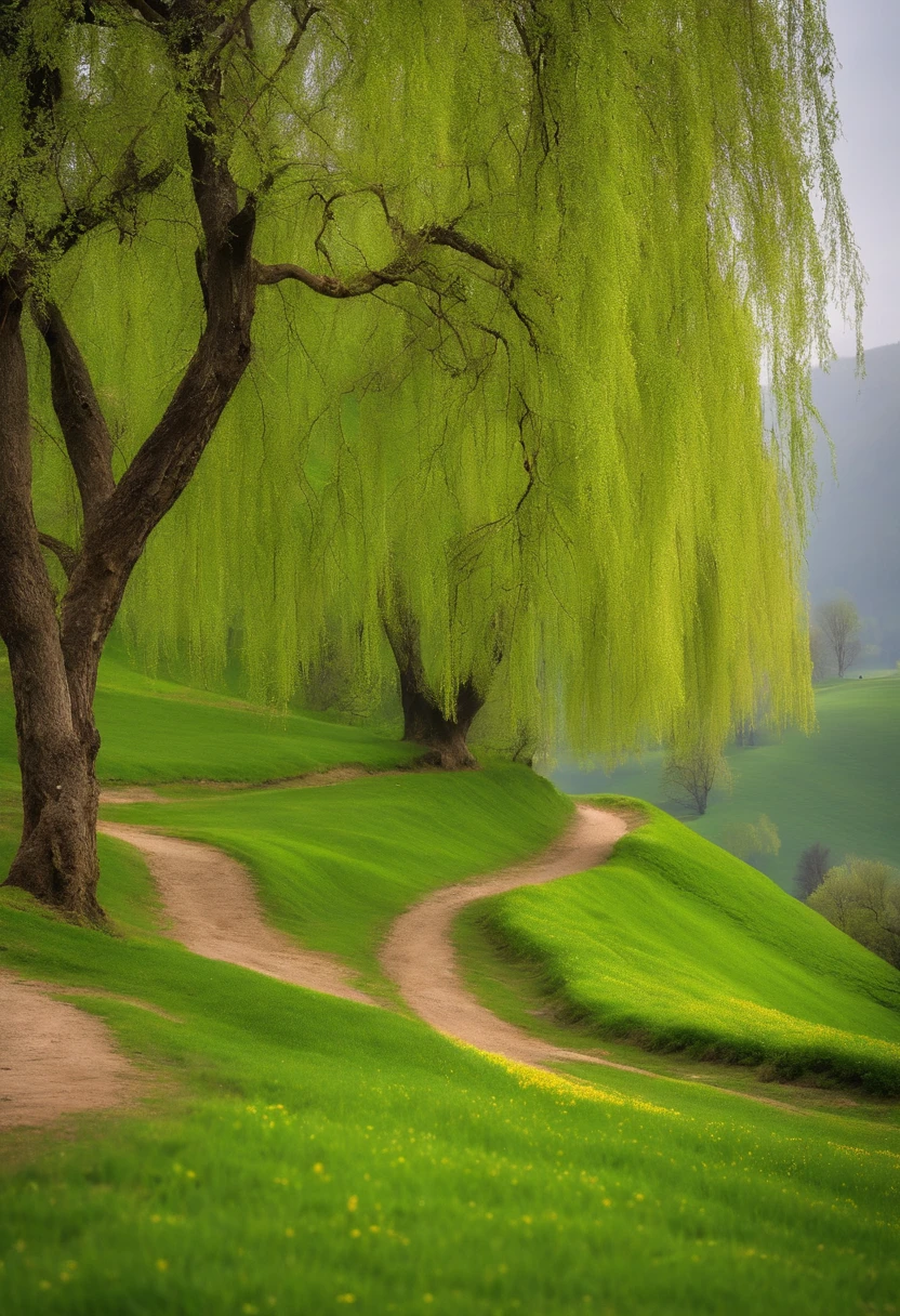 The tender green willow trees of spring have just grown，On the earth，x small flowers and grass bloom all over the hillside，Beauty is moving